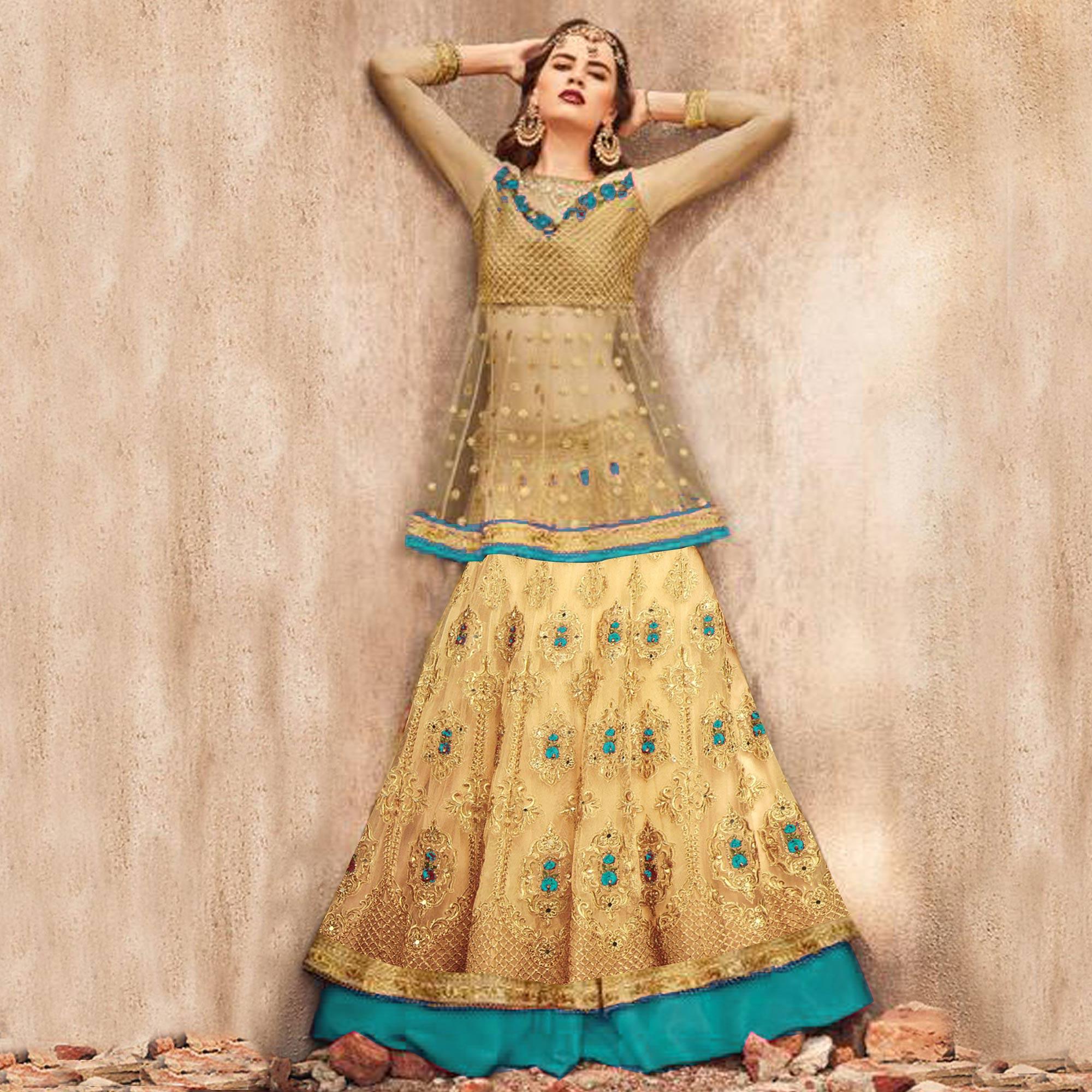 Exceptional Golden-Turquoise Colored Party Wear Embroidered Net Lehenga Choli - Peachmode