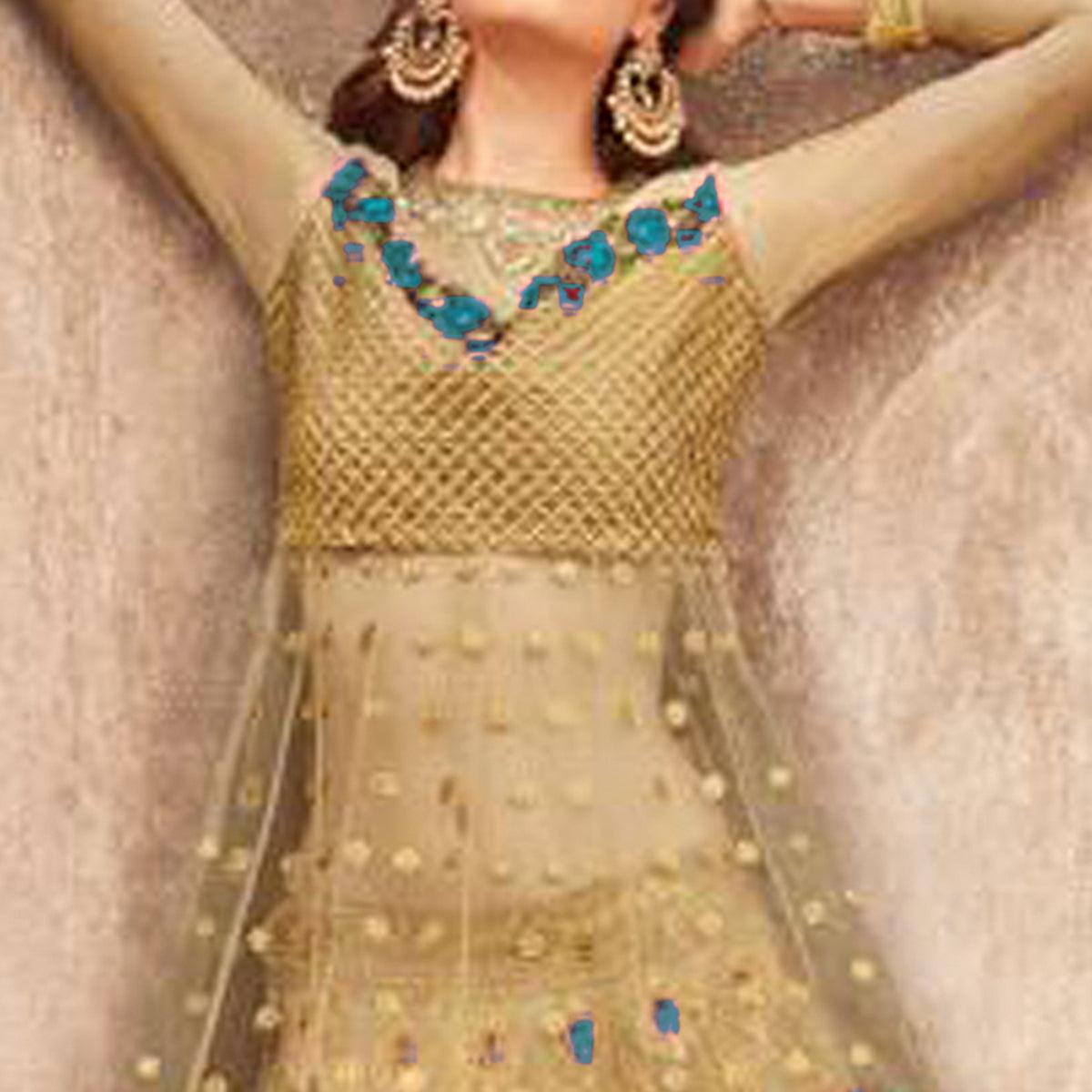 Exceptional Golden-Turquoise Colored Party Wear Embroidered Net Lehenga Choli - Peachmode