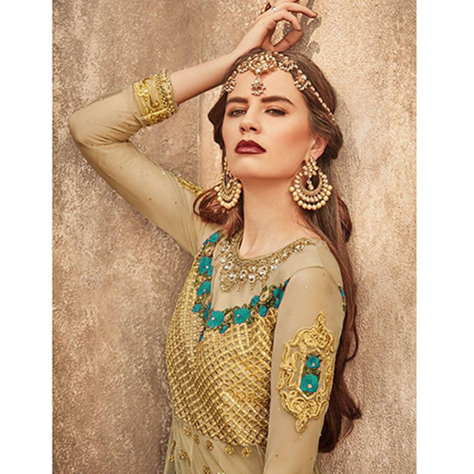 Exceptional Golden-Turquoise Colored Party Wear Embroidered Net Lehenga Choli - Peachmode