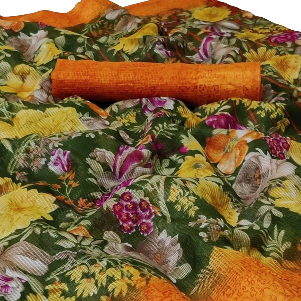 Exceptional Green Colored Casual Wear Floral Printed Silk Saree - Peachmode
