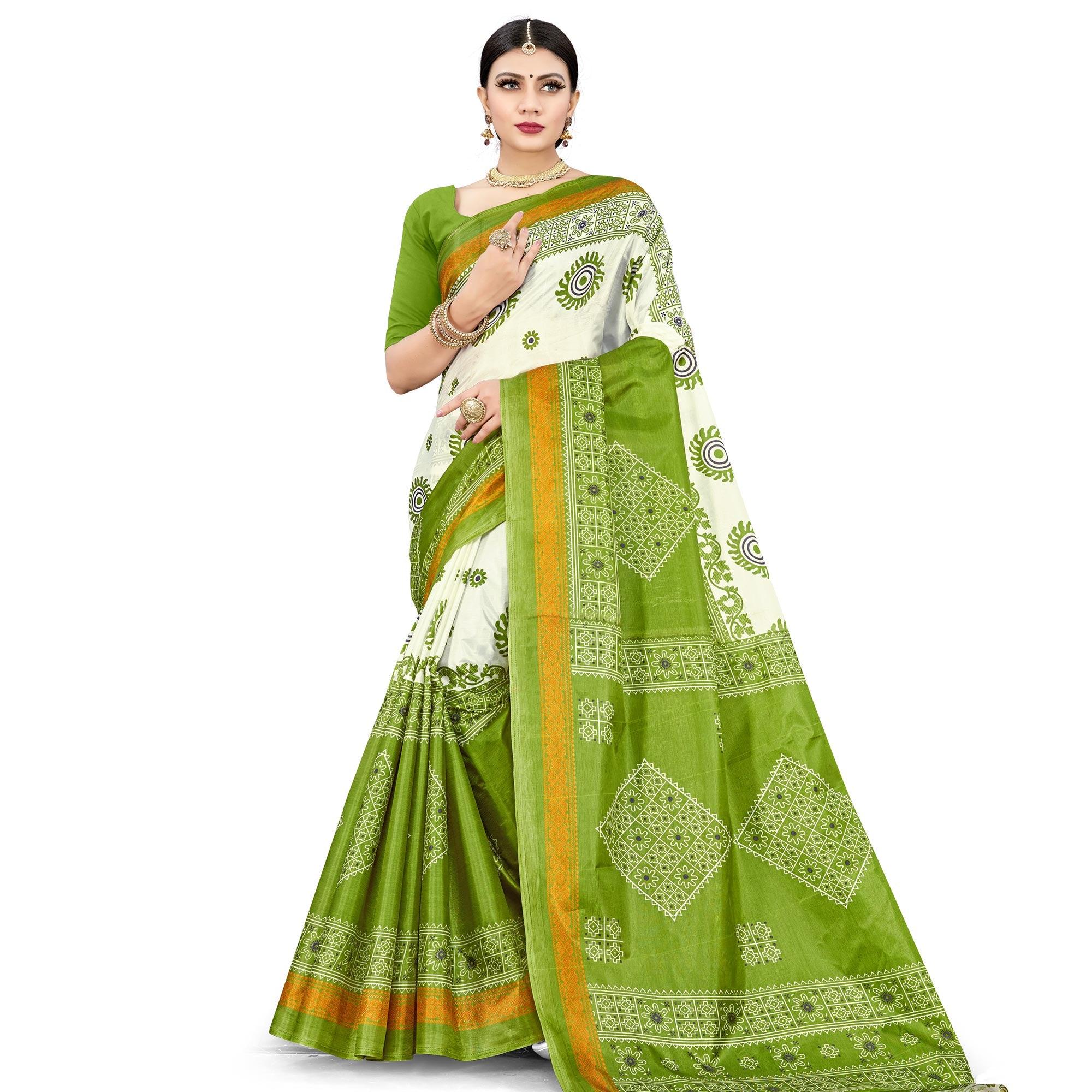 Exceptional Green Colored Casual Wear Printed Cotton Silk Saree - Peachmode