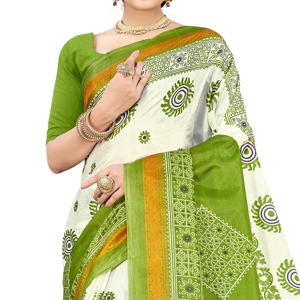 Exceptional Green Colored Casual Wear Printed Cotton Silk Saree - Peachmode