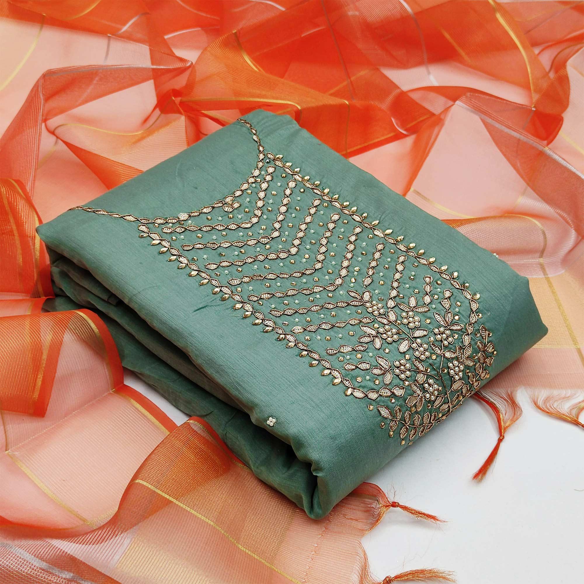 Exceptional Green Colored Festive Wear Handwork Modal Chanderi Dress Material - Peachmode