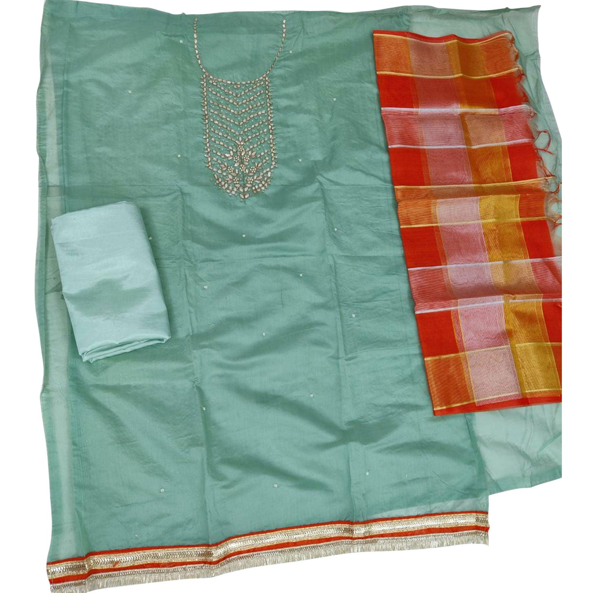 Exceptional Green Colored Festive Wear Handwork Modal Chanderi Dress Material - Peachmode