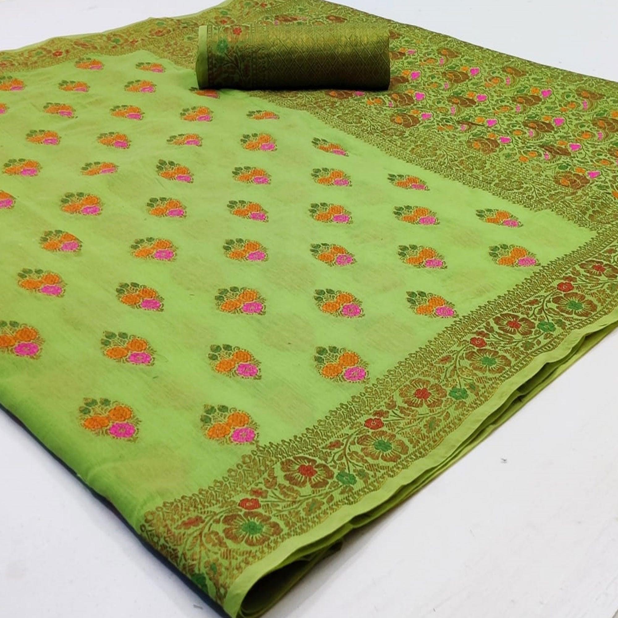 Exceptional Green Colored Festive Wear Woven Cotton Saree - Peachmode
