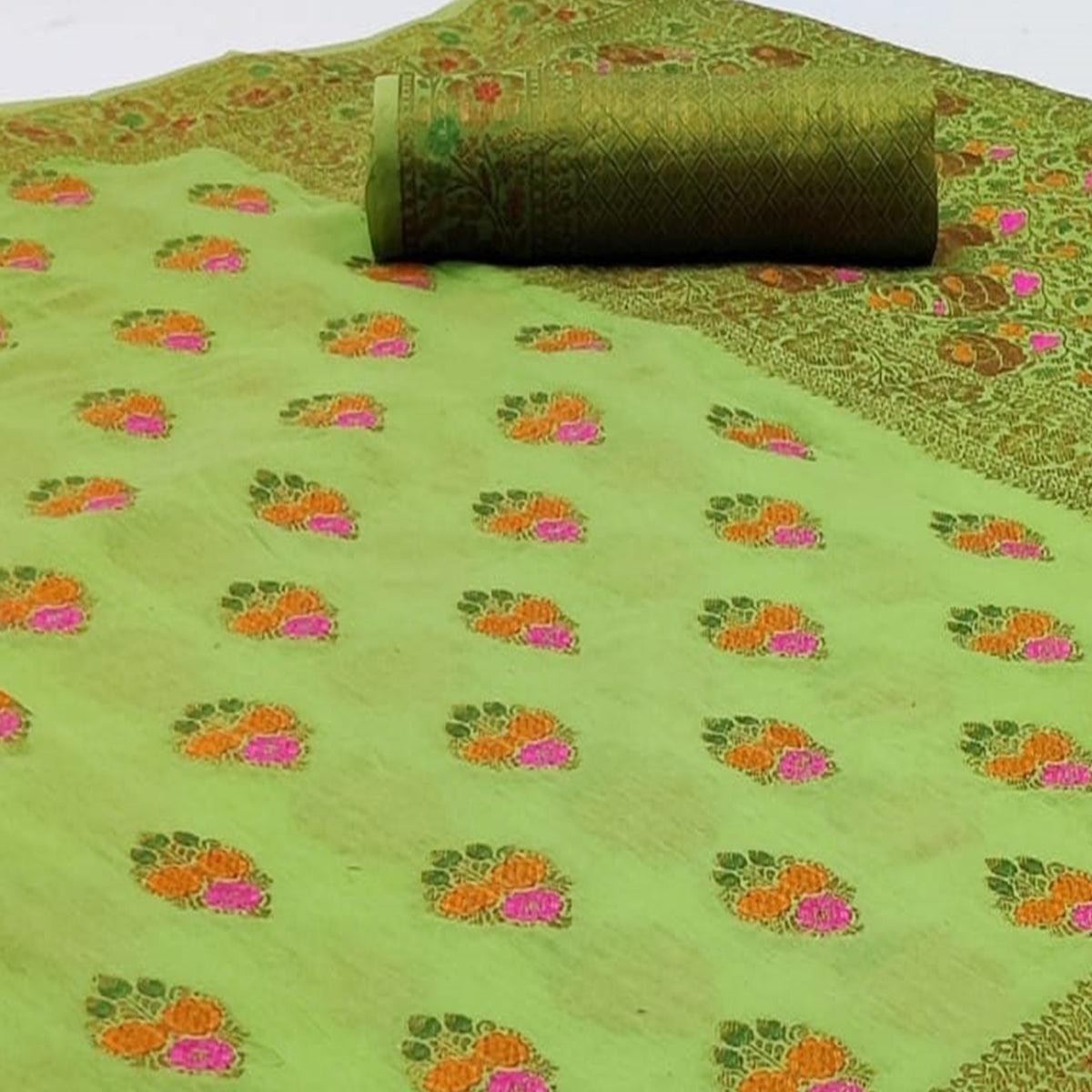 Exceptional Green Colored Festive Wear Woven Cotton Saree - Peachmode