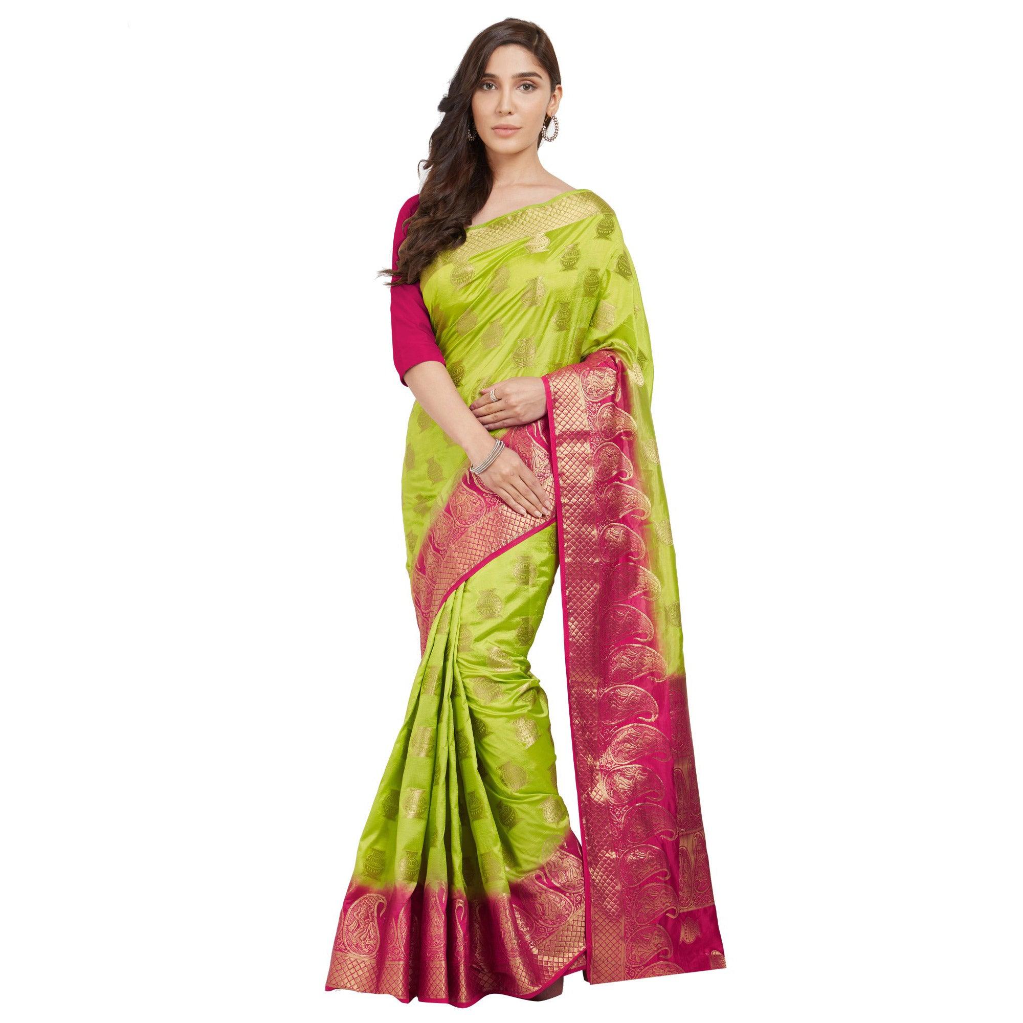 Exceptional Green Colored Festive Wear Woven Cotton Silk Saree - Peachmode