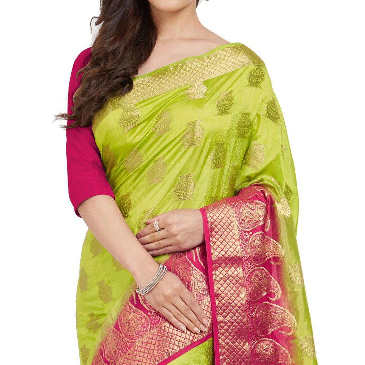 Exceptional Green Colored Festive Wear Woven Cotton Silk Saree - Peachmode