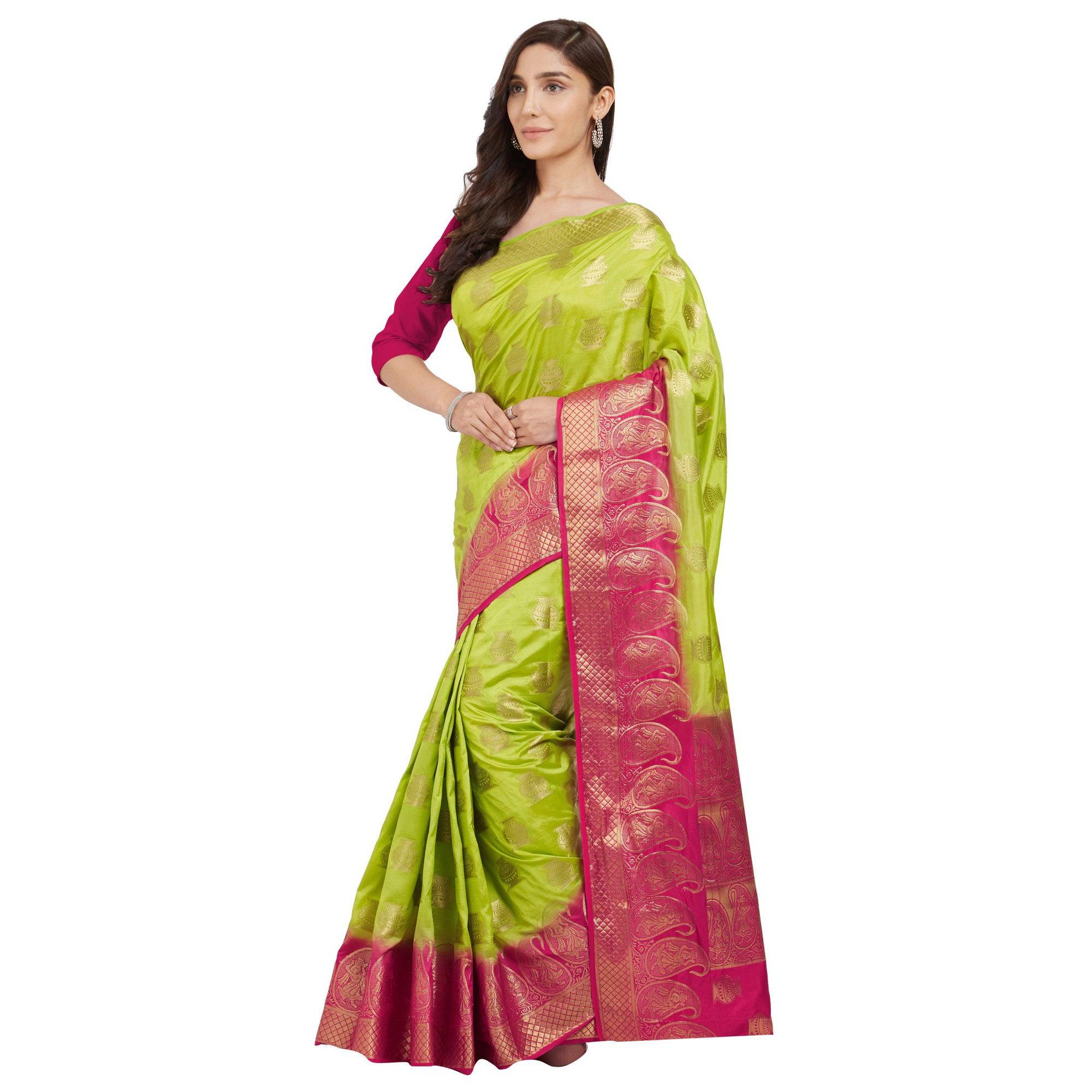 Exceptional Green Colored Festive Wear Woven Cotton Silk Saree - Peachmode