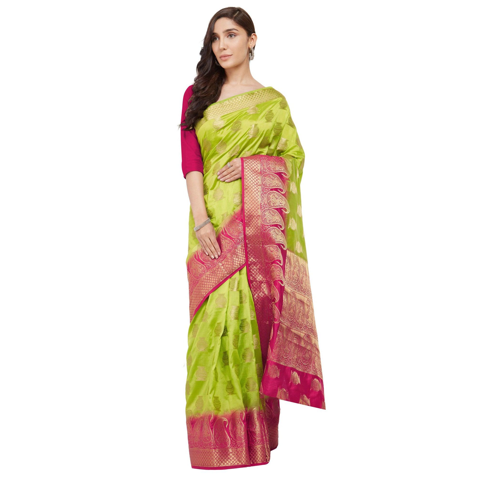 Exceptional Green Colored Festive Wear Woven Cotton Silk Saree - Peachmode
