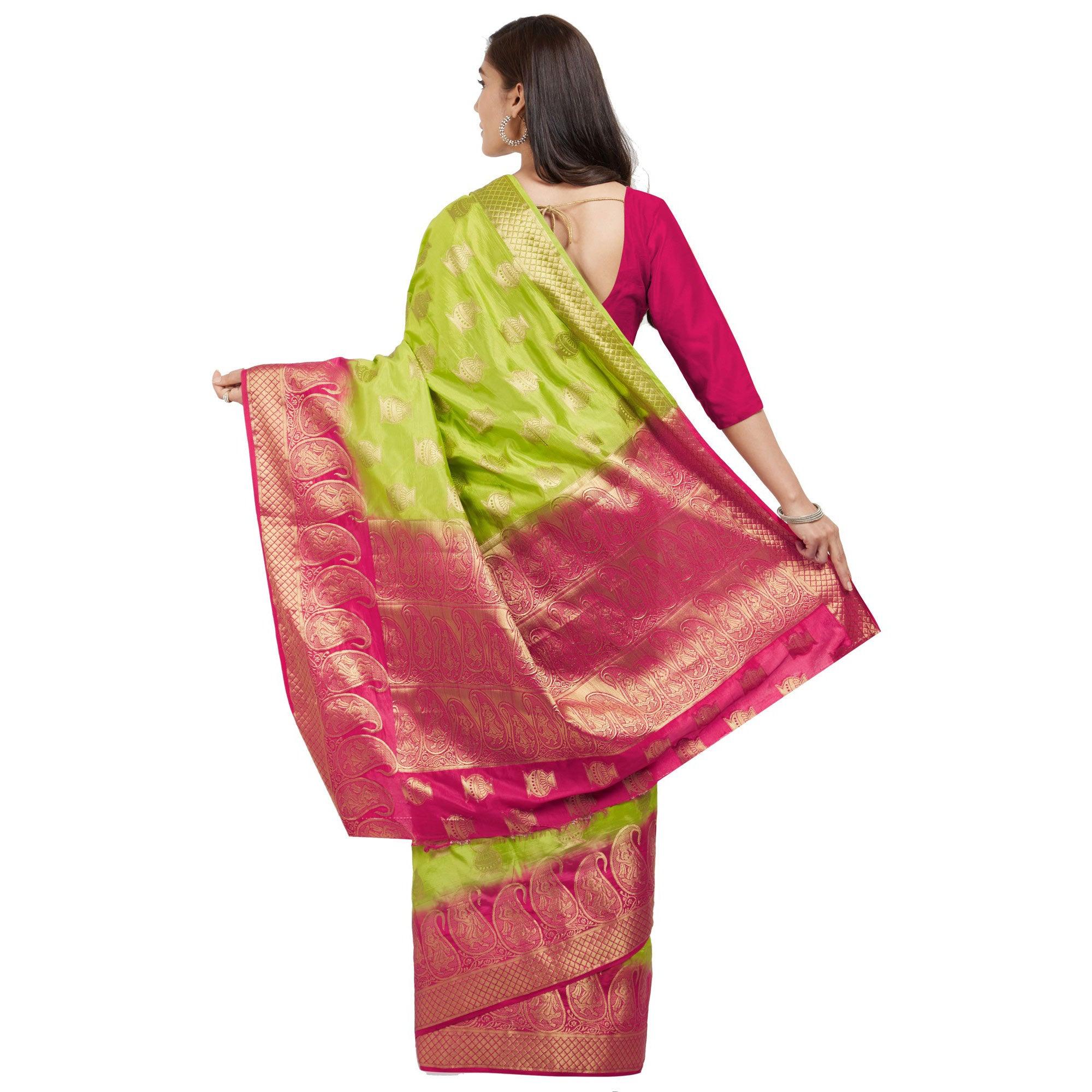 Exceptional Green Colored Festive Wear Woven Cotton Silk Saree - Peachmode
