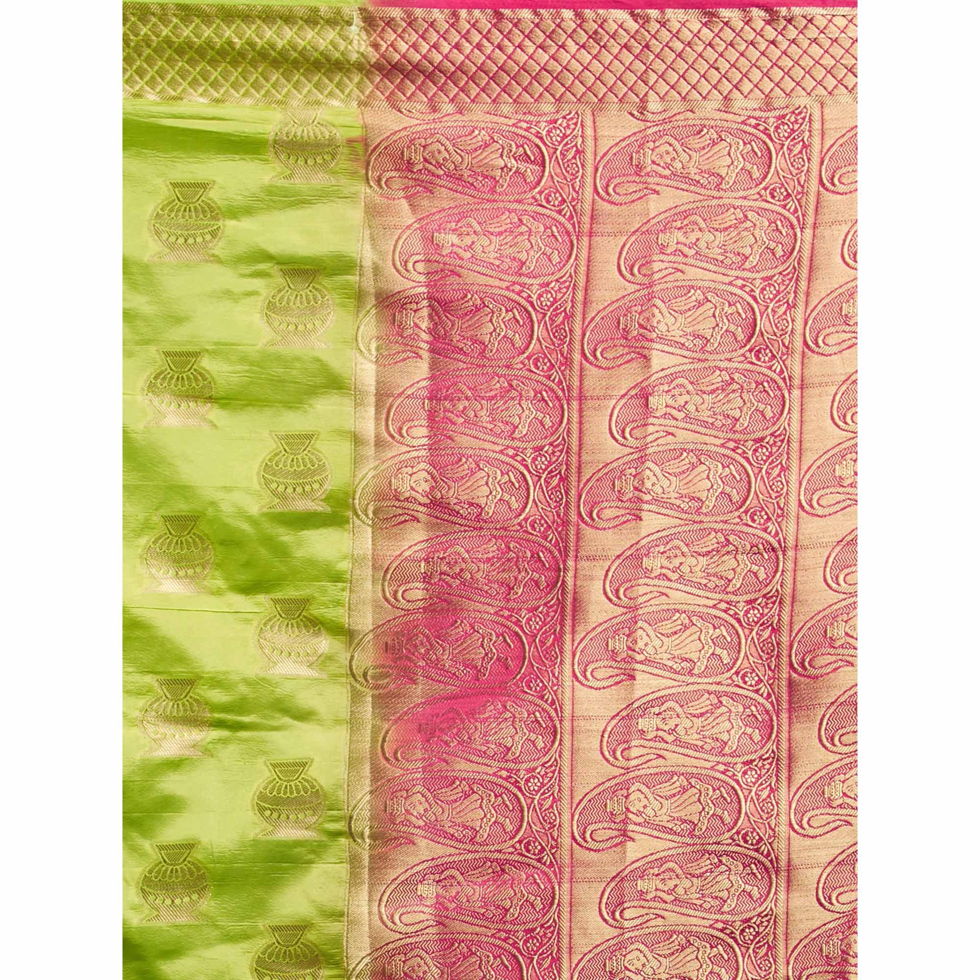 Exceptional Green Colored Festive Wear Woven Cotton Silk Saree - Peachmode