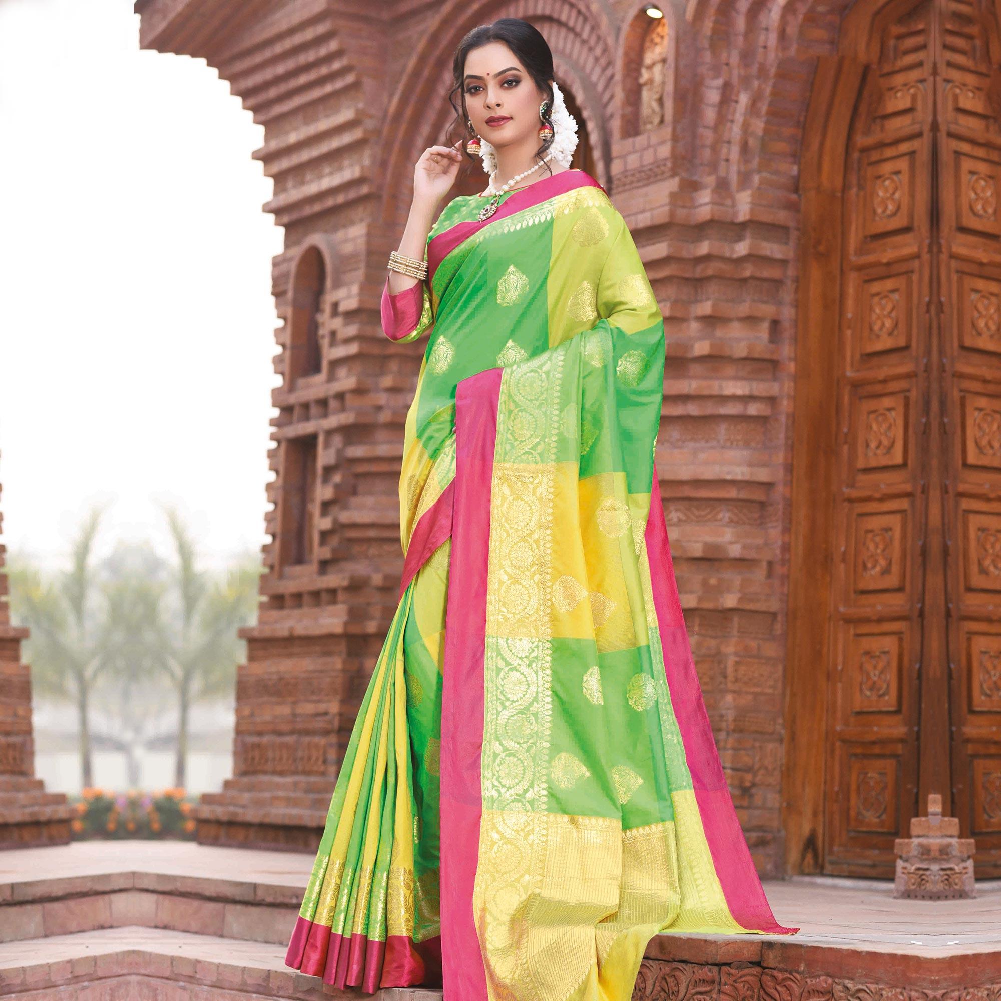 Exceptional Green Colored Festive Wear Woven Handloom Silk Saree - Peachmode