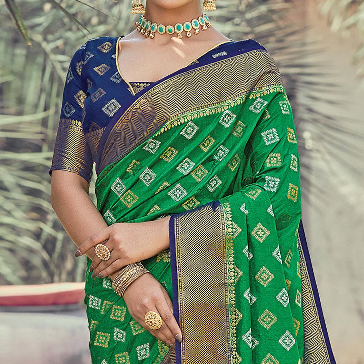 Exceptional Green Colored Festive Wear Woven Silk Saree - Peachmode