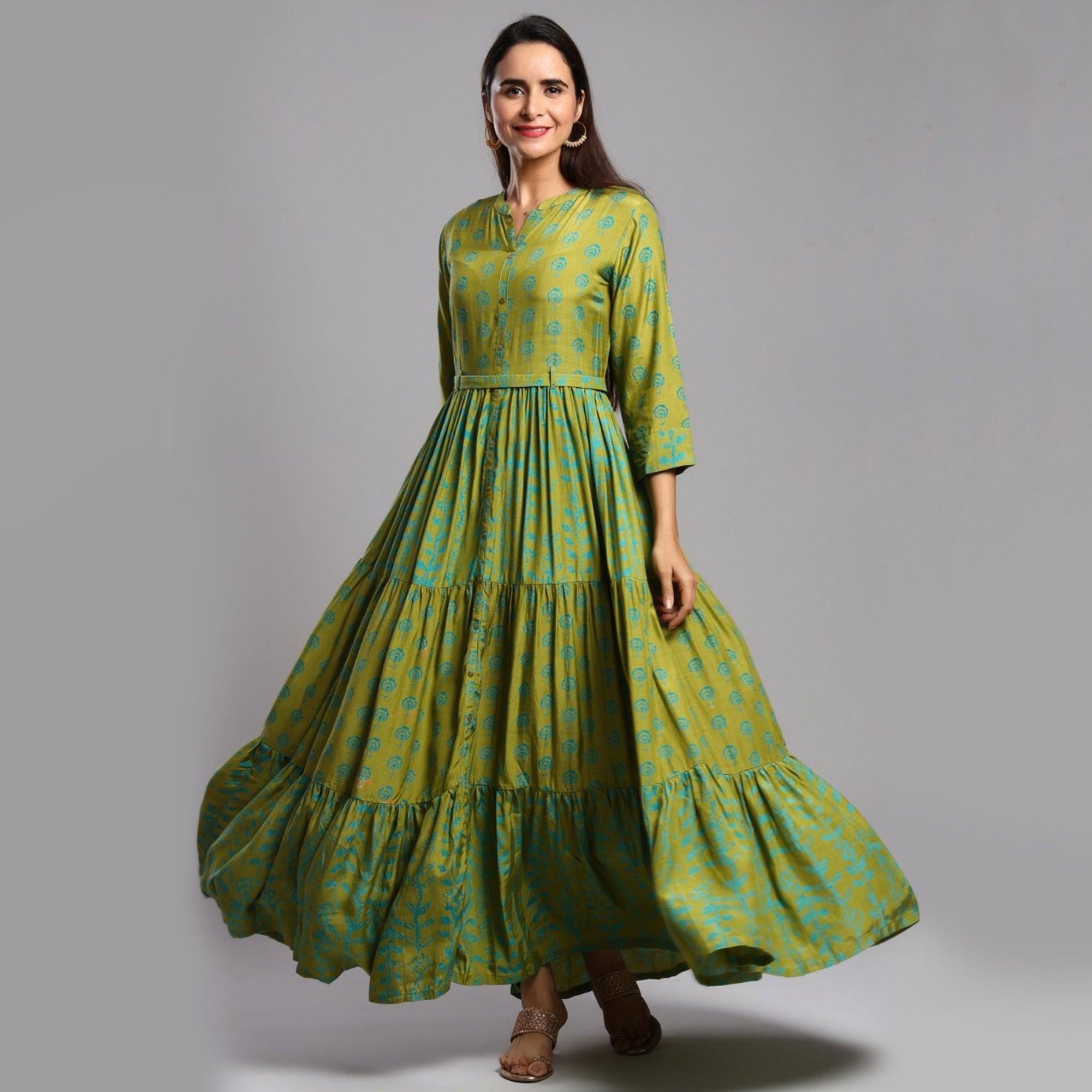 Exceptional Green Colored Partywear Printed Anarkali Style Cotton Silk Long Kurti - Peachmode