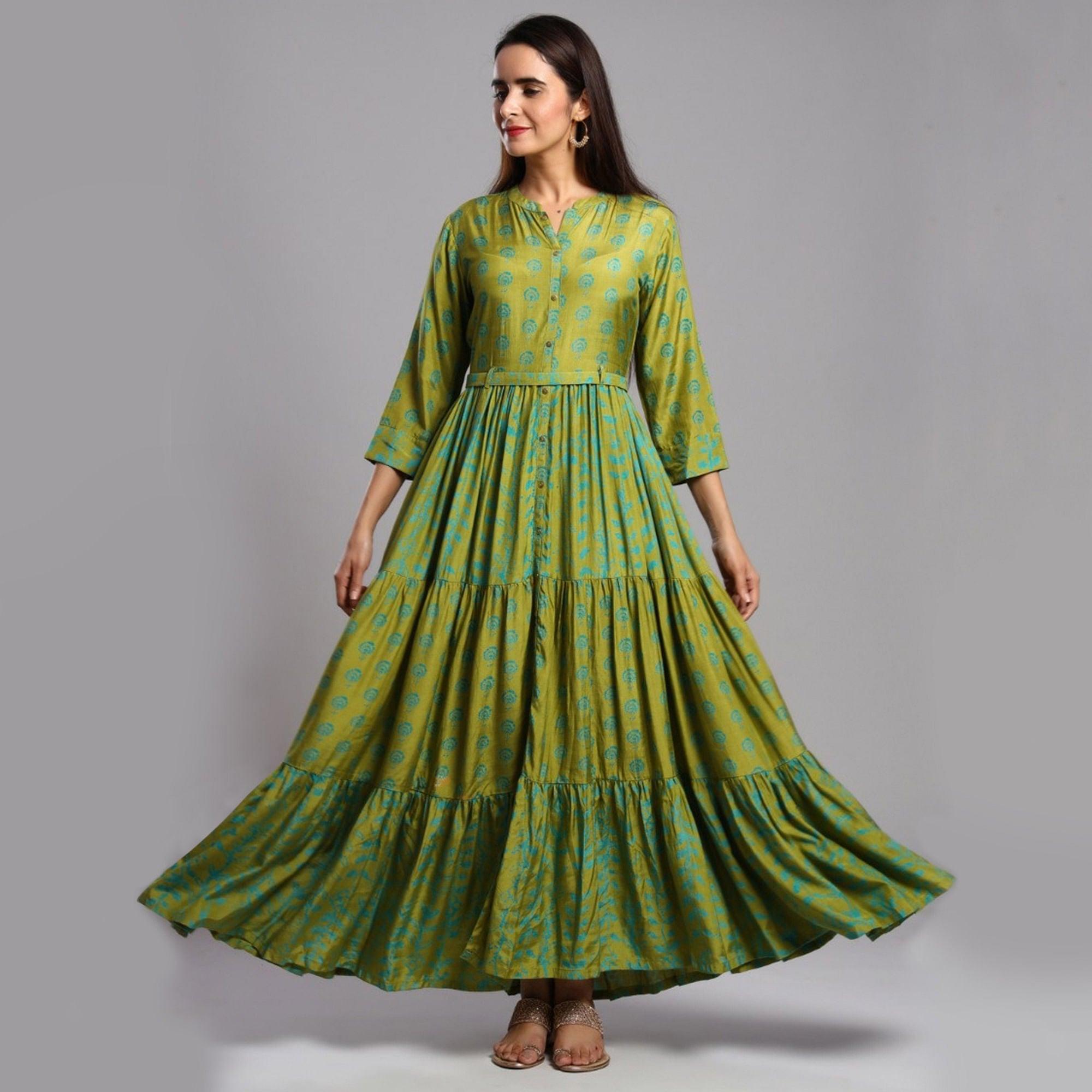 Exceptional Green Colored Partywear Printed Anarkali Style Cotton Silk Long Kurti - Peachmode