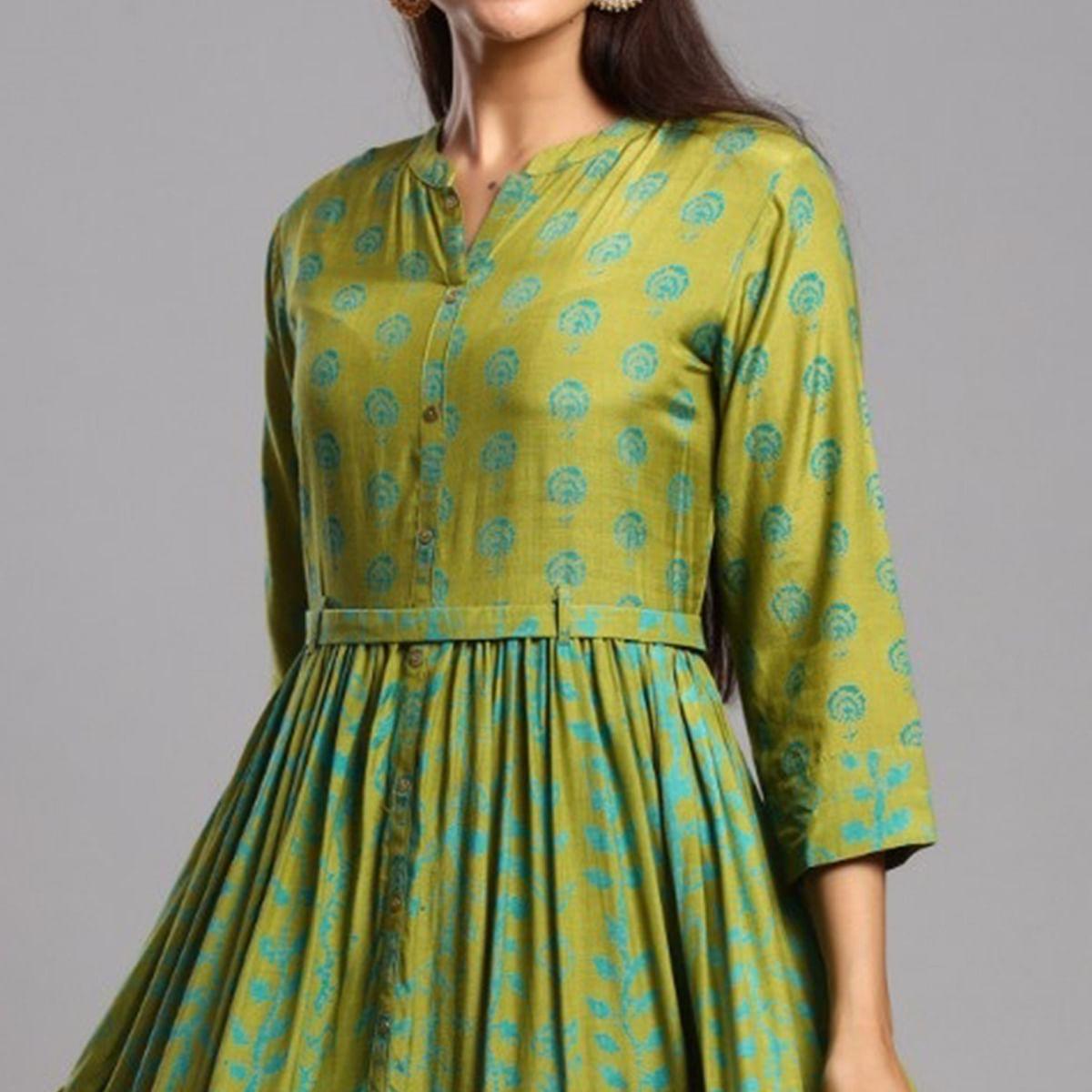 Exceptional Green Colored Partywear Printed Anarkali Style Cotton Silk Long Kurti - Peachmode