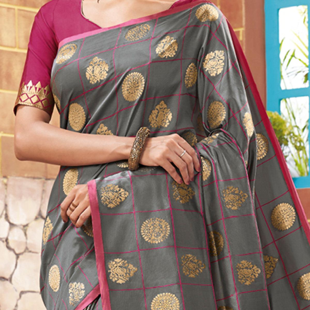 Exceptional Grey Colored Festive Wear Woven Silk Saree - Peachmode