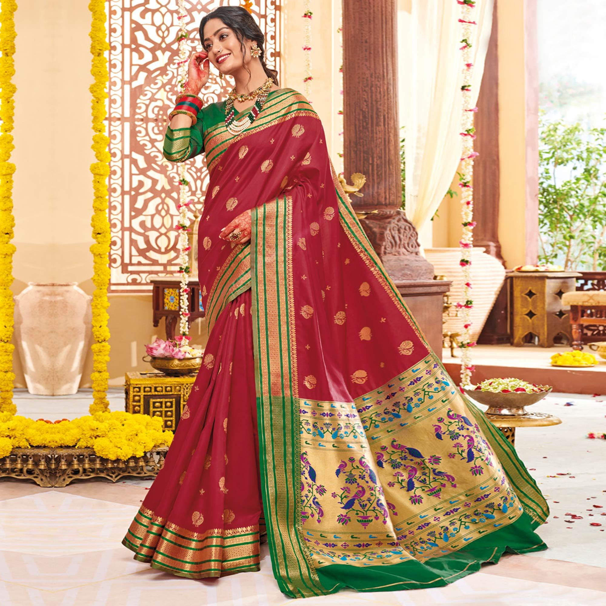 Exceptional Maroon Colored Festive Wear Woven Silk Saree - Peachmode