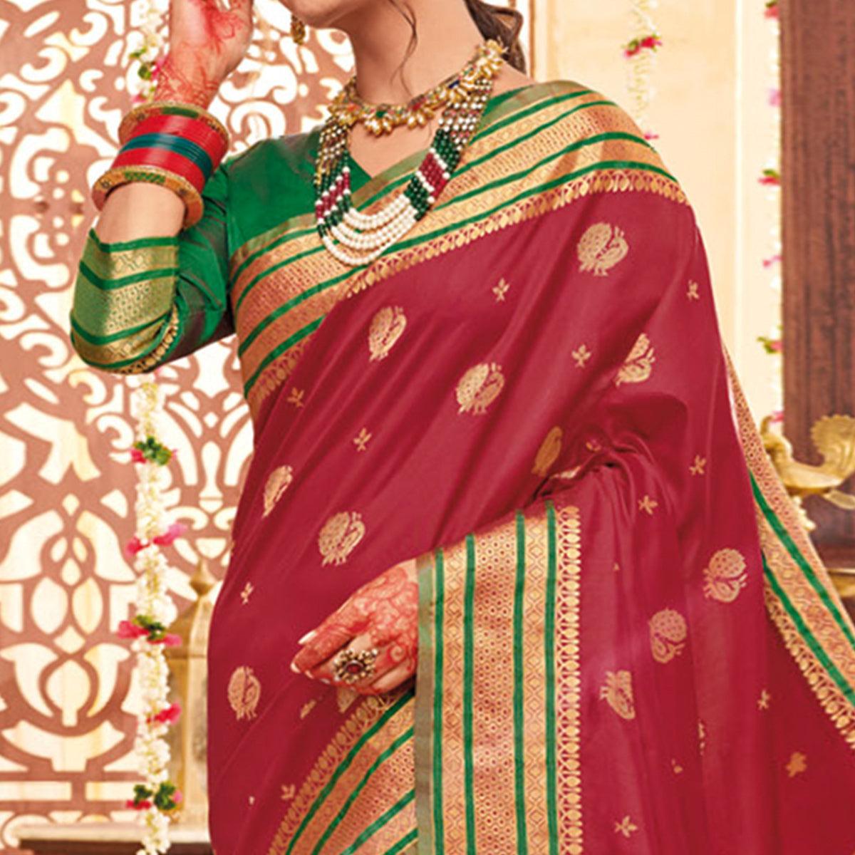 Exceptional Maroon Colored Festive Wear Woven Silk Saree - Peachmode