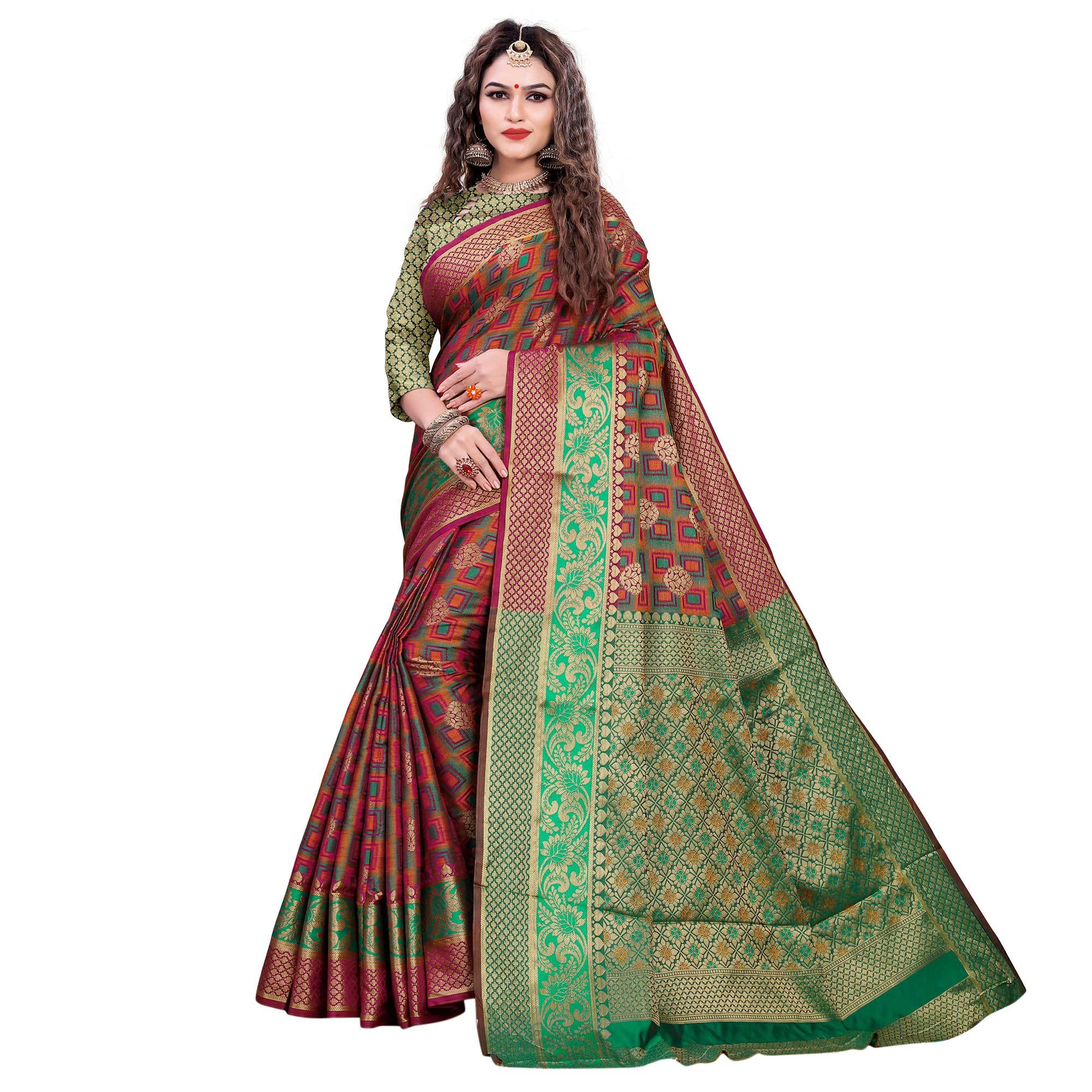 Exceptional Maroon-Green Colored Festive Wear Woven Cotton Silk Jacquard Saree - Peachmode
