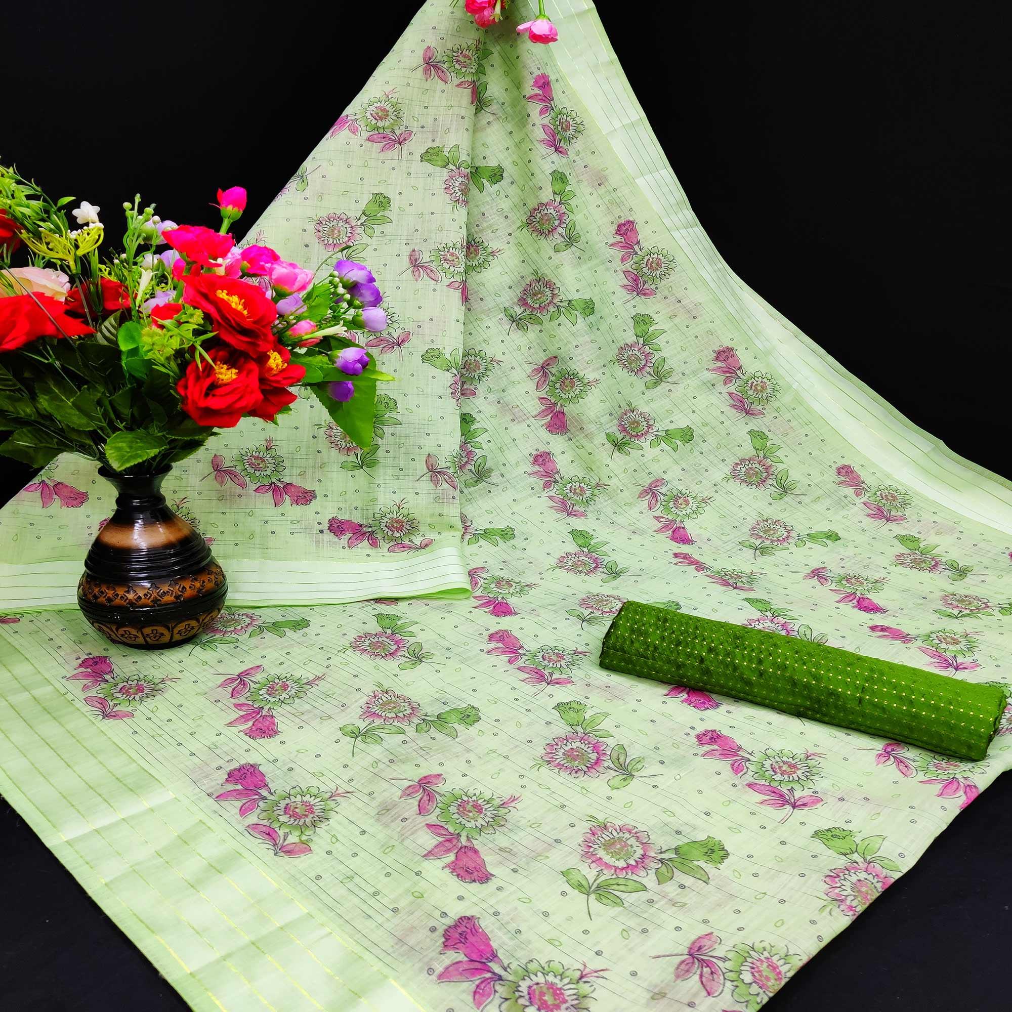 Exceptional Mehendi Coloured Floral Print Casual Wear Striped Pattern Cotton Saree - Peachmode