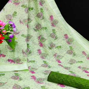 Exceptional Mehendi Coloured Floral Print Casual Wear Striped Pattern Cotton Saree - Peachmode