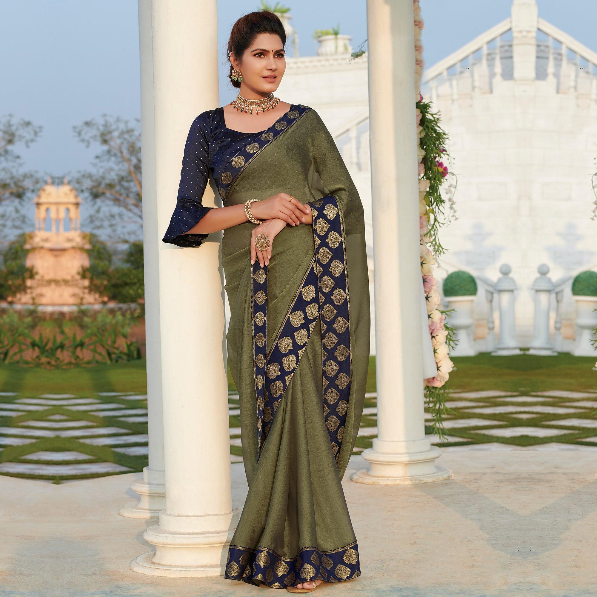 Exceptional Mehendi Green Colored Party Wear Embroidered Chiffon Saree - Peachmode