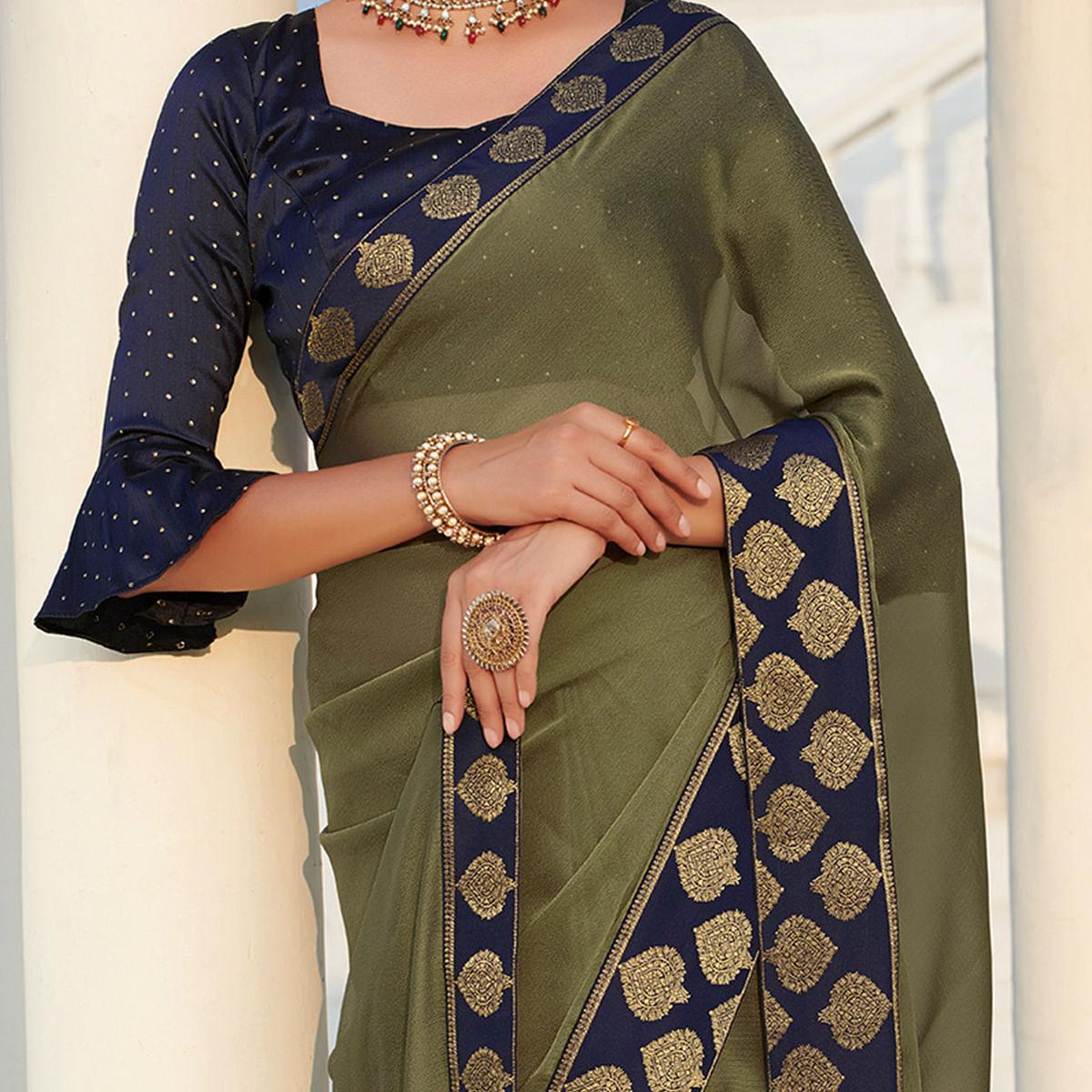 Exceptional Mehendi Green Colored Party Wear Embroidered Chiffon Saree - Peachmode