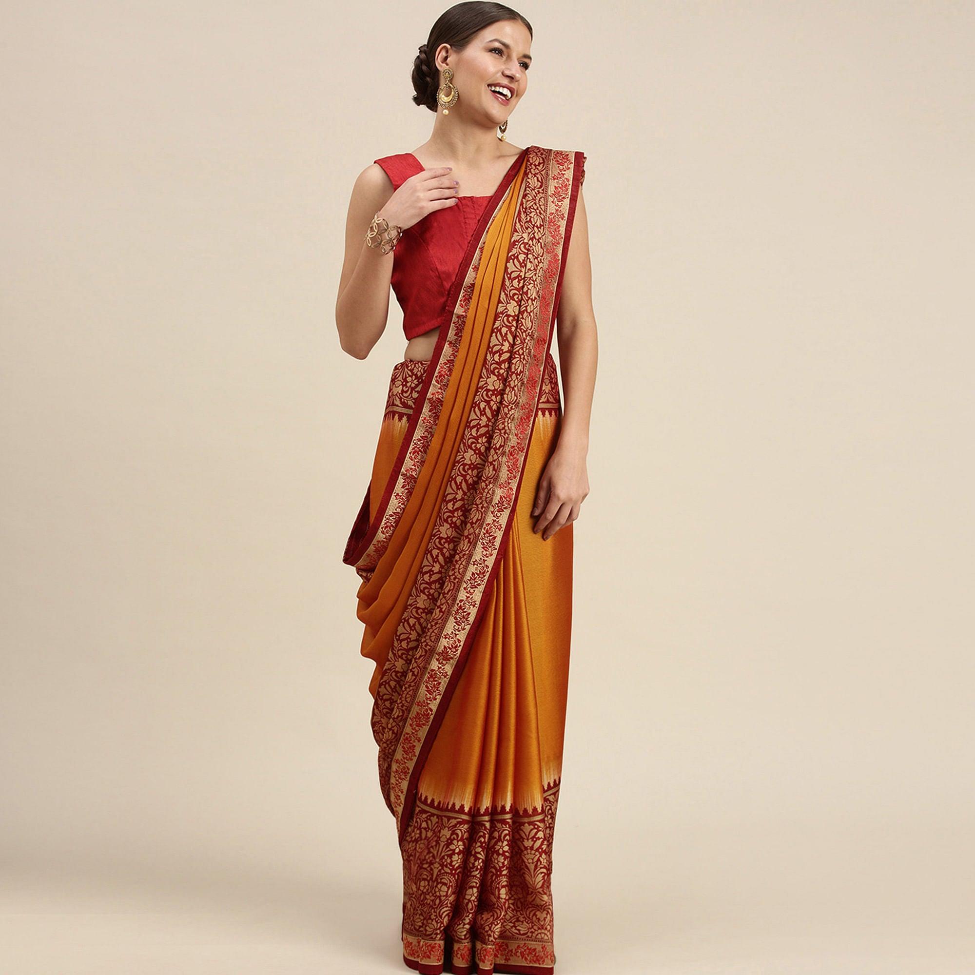 Exceptional Mustard Yellow Colored Partywear Printed Rangoli Silk Saree - Peachmode