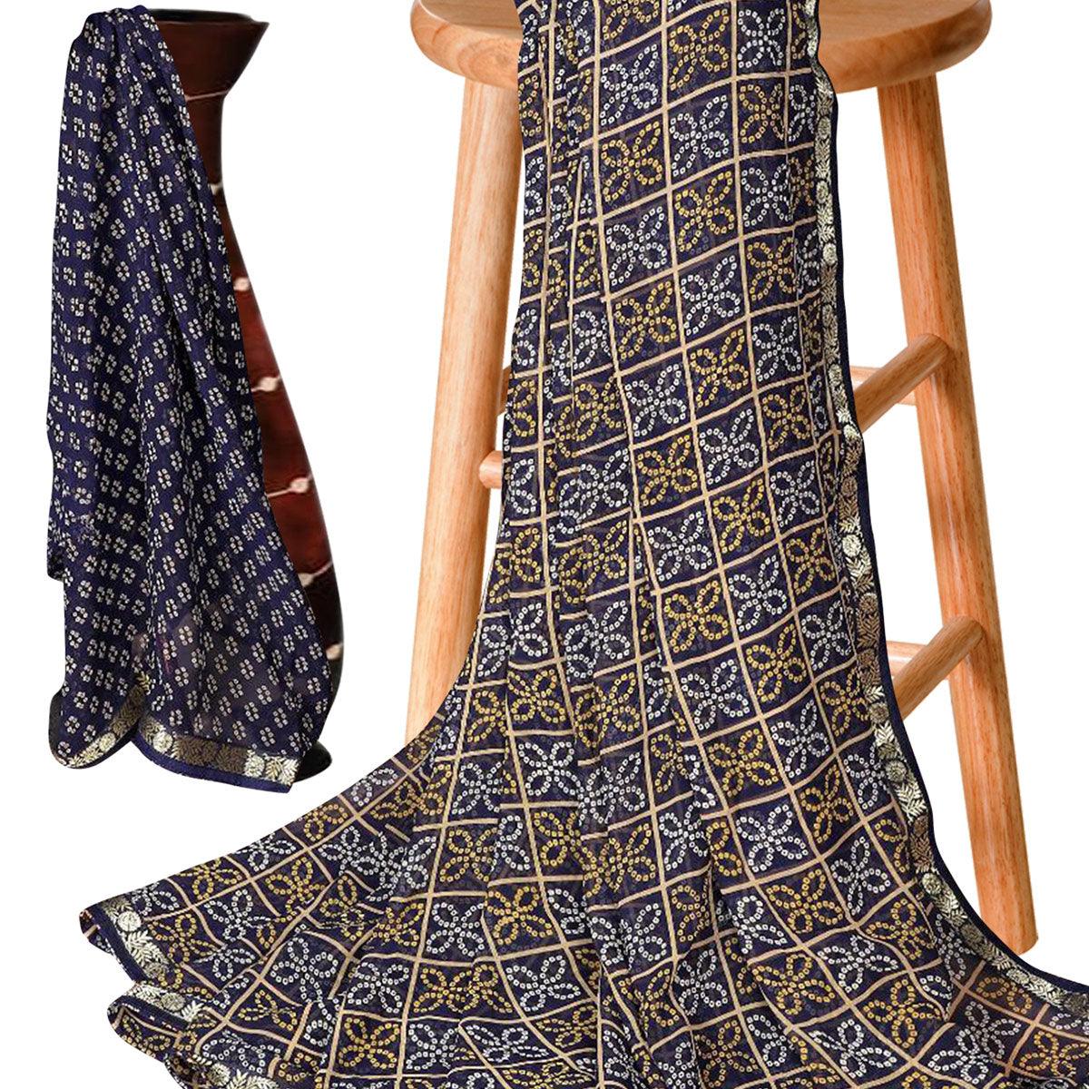 Exceptional Navy Blue Colored Casual Bandhani Printed Georgette Saree - Peachmode