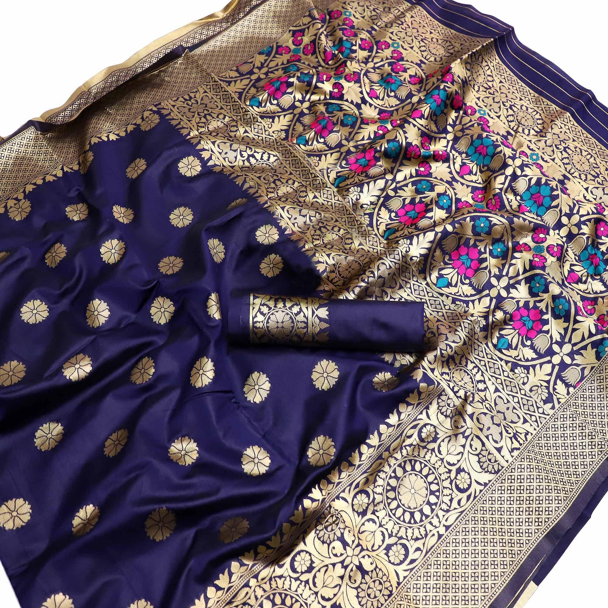 Exceptional Navy Blue Colored Festive Wear Woven Banarasi Silk Saree - Peachmode