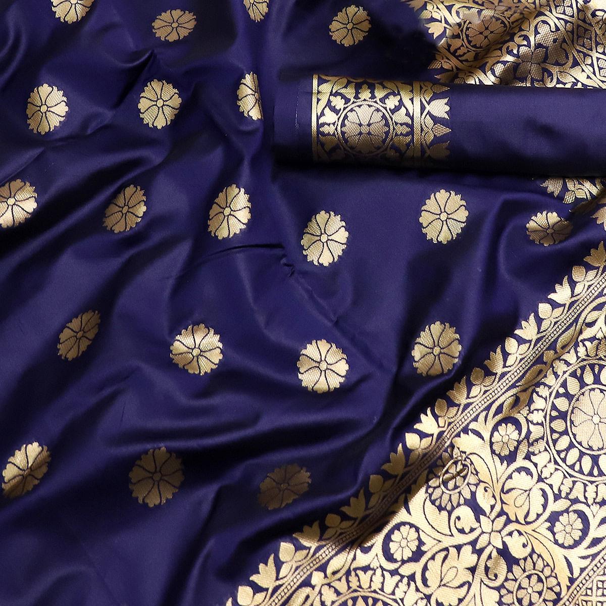 Exceptional Navy Blue Colored Festive Wear Woven Banarasi Silk Saree - Peachmode