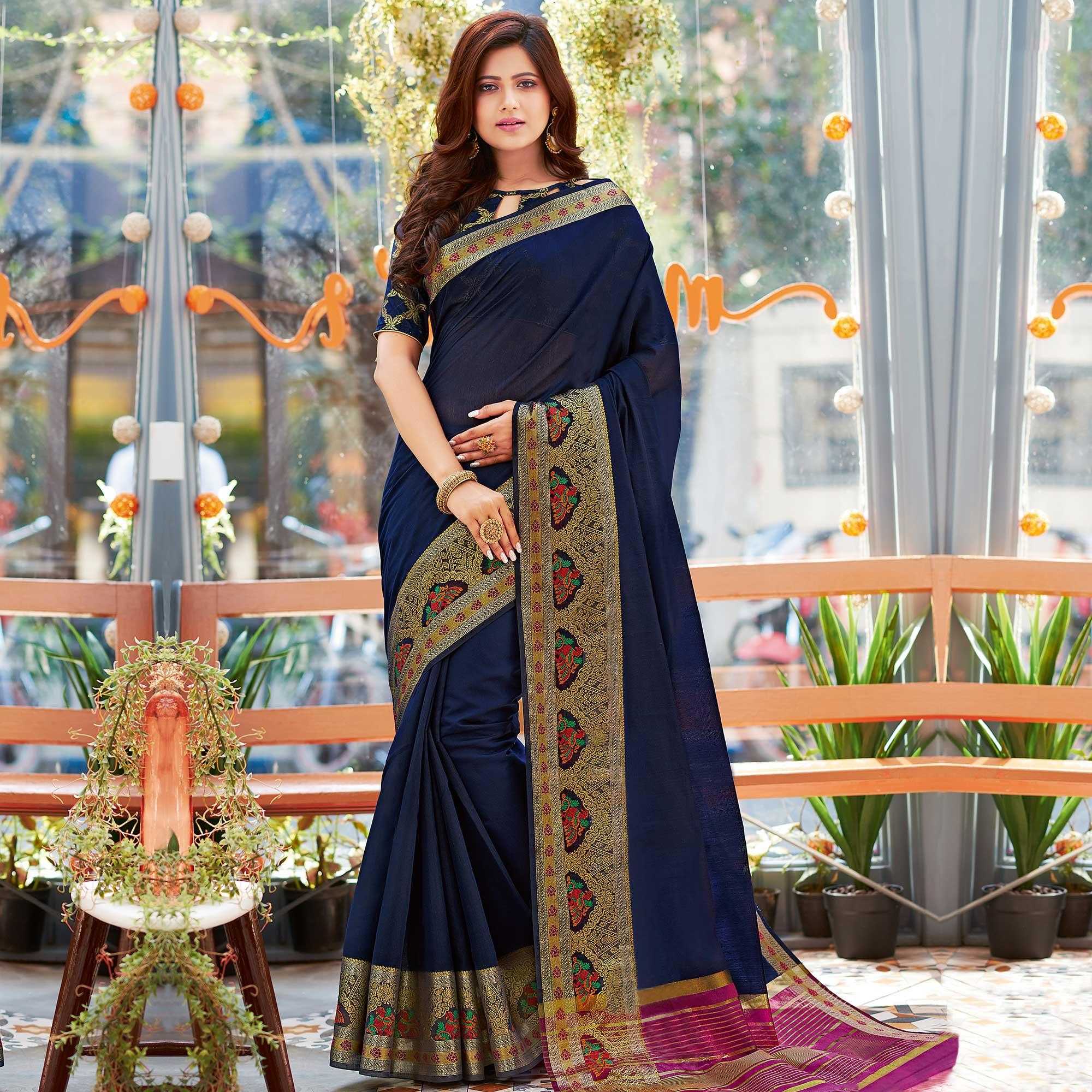 Exceptional Navy Blue Colored Festive Wear Woven Cotton Silk Saree - Peachmode