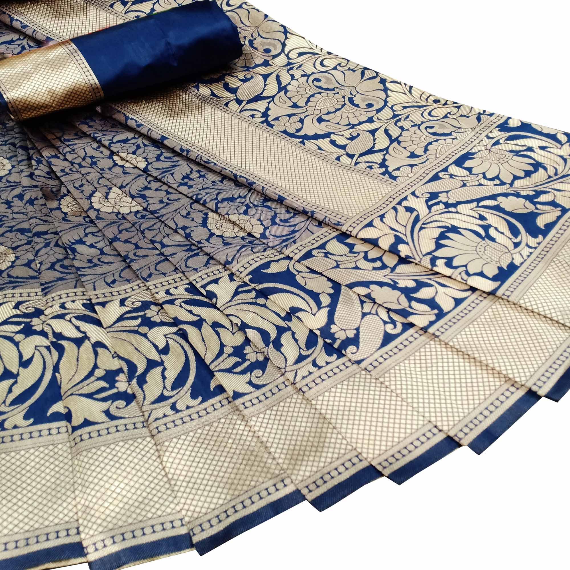 Exceptional Navy Blue Colored Festive Wear Woven Litchi Jacquard Silk Saree - Peachmode