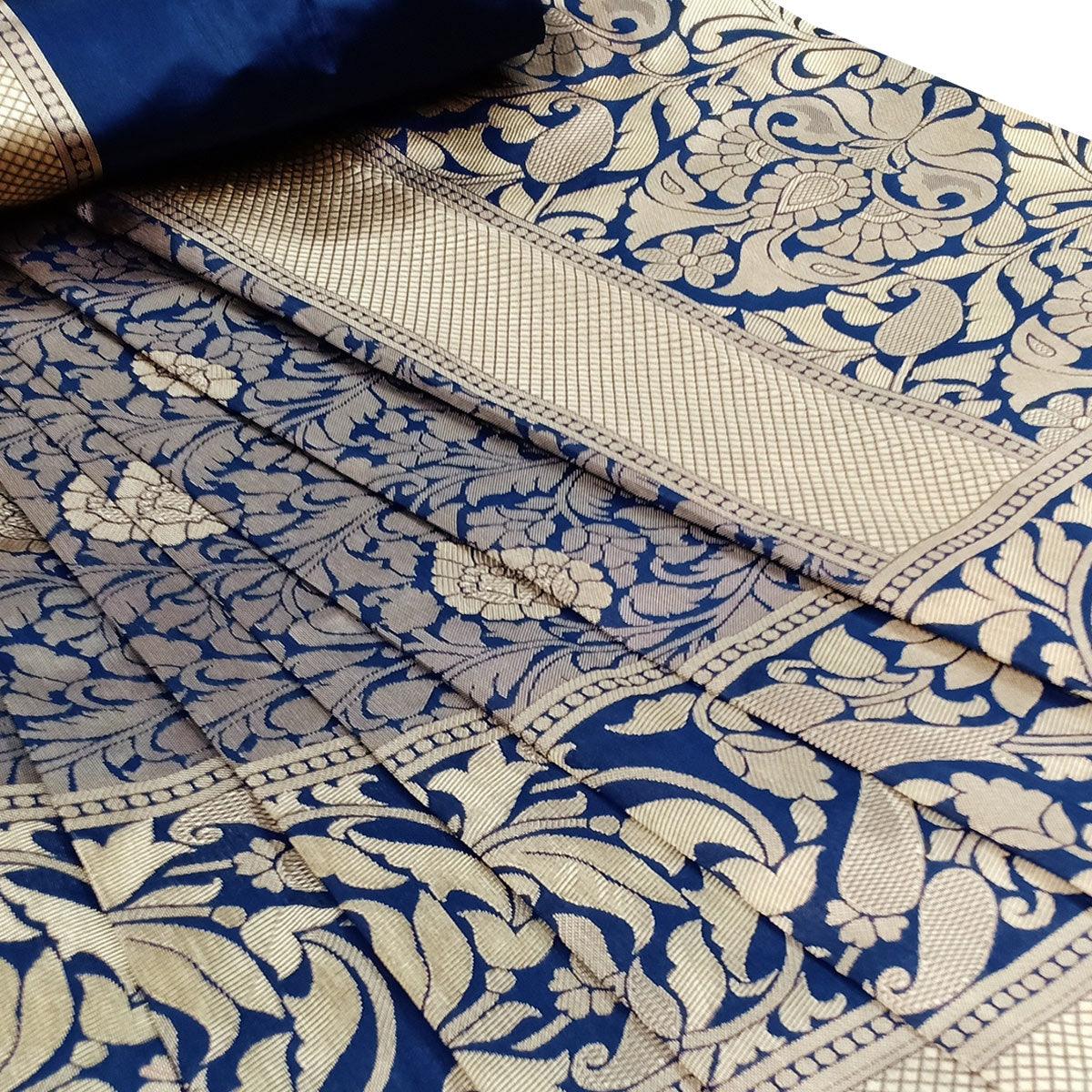 Exceptional Navy Blue Colored Festive Wear Woven Litchi Jacquard Silk Saree - Peachmode