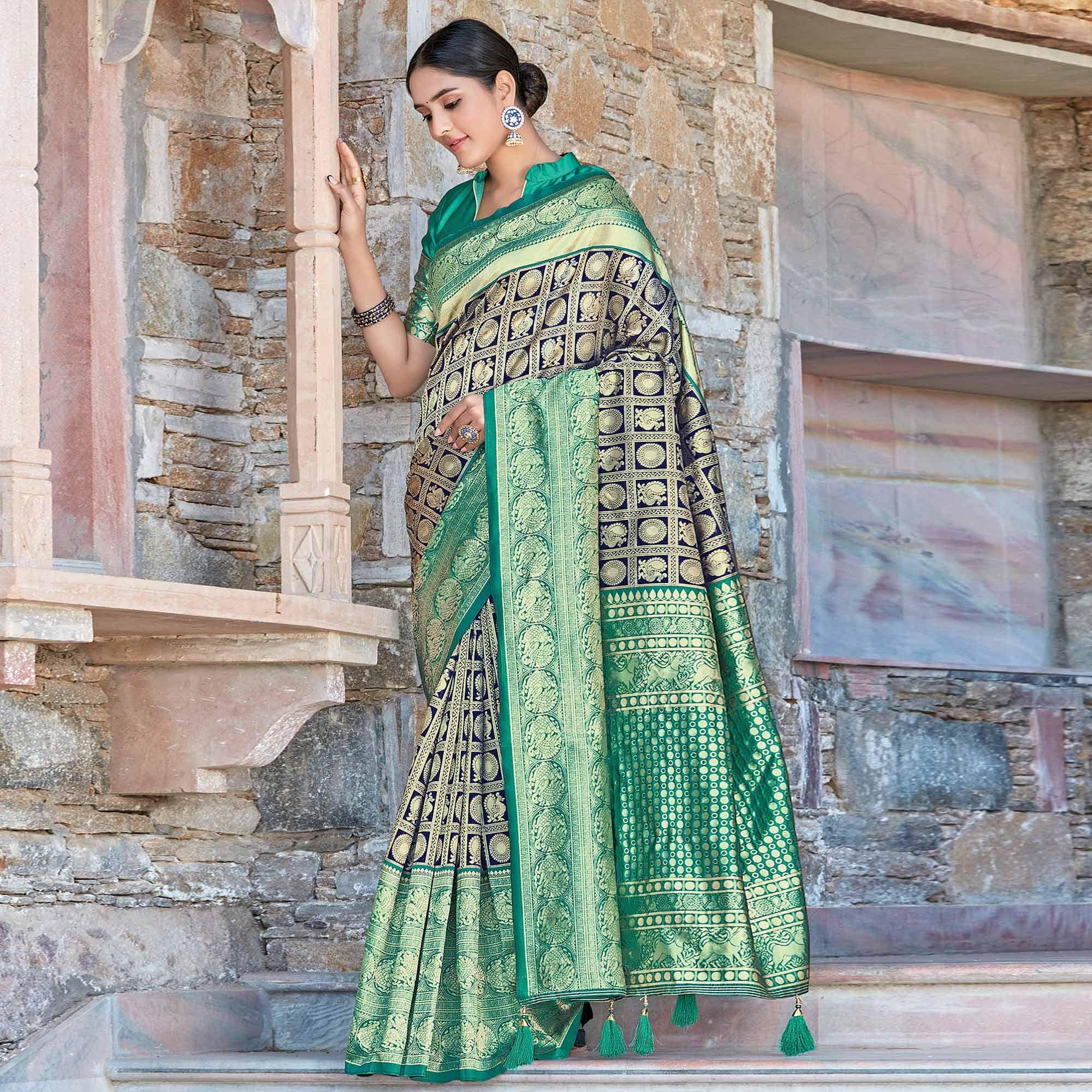 Exceptional Navy Blue Colored Festive Wear Woven Silk Sareee - Peachmode