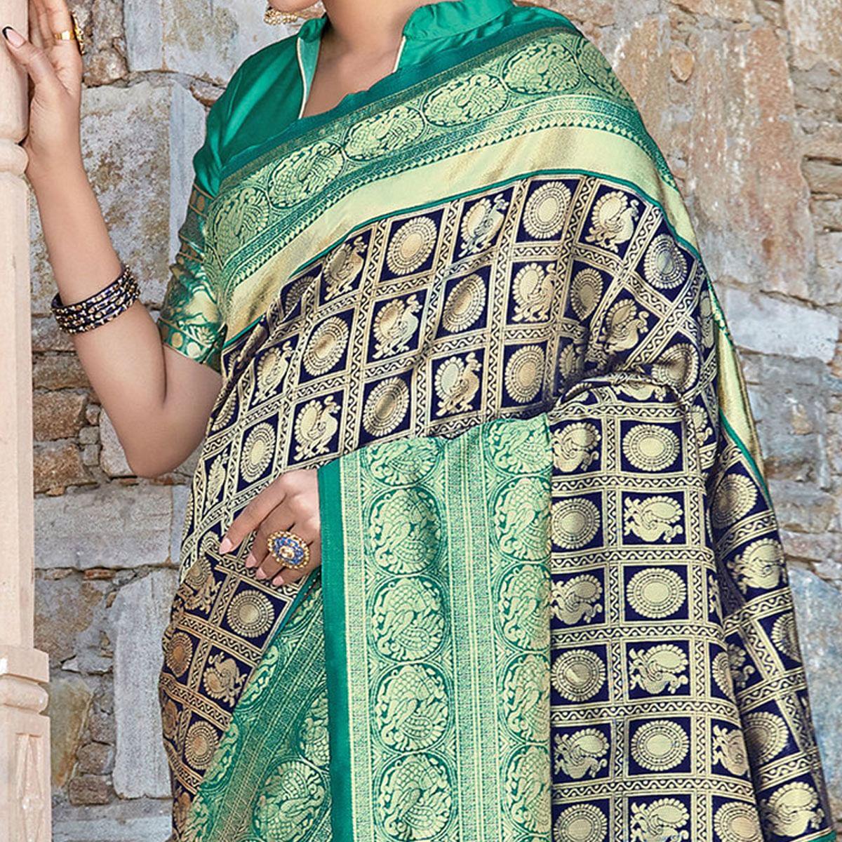 Exceptional Navy Blue Colored Festive Wear Woven Silk Sareee - Peachmode