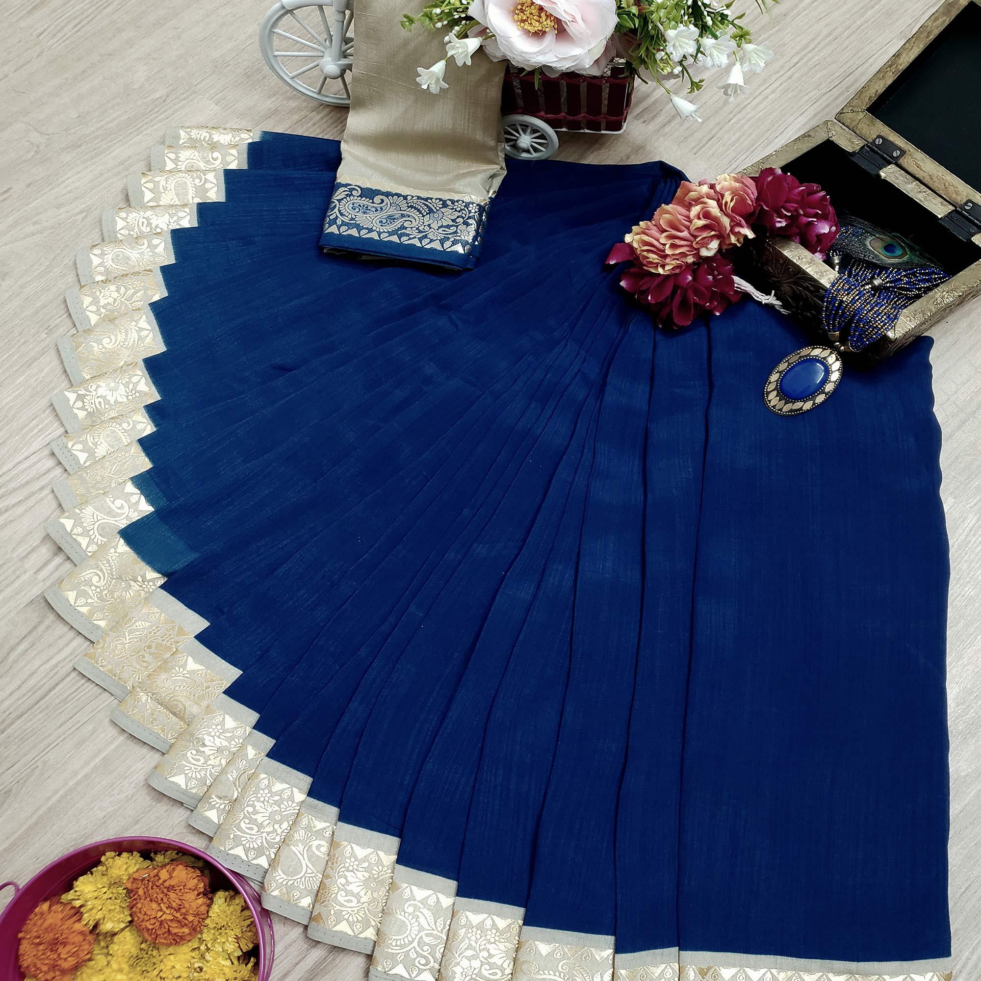 Exceptional Navy Blue Colored Festive Wear Woven Soft Vichitra Silk Saree - Peachmode