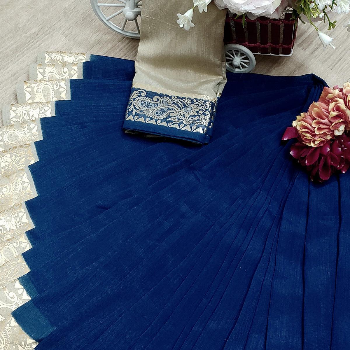 Exceptional Navy Blue Colored Festive Wear Woven Soft Vichitra Silk Saree - Peachmode