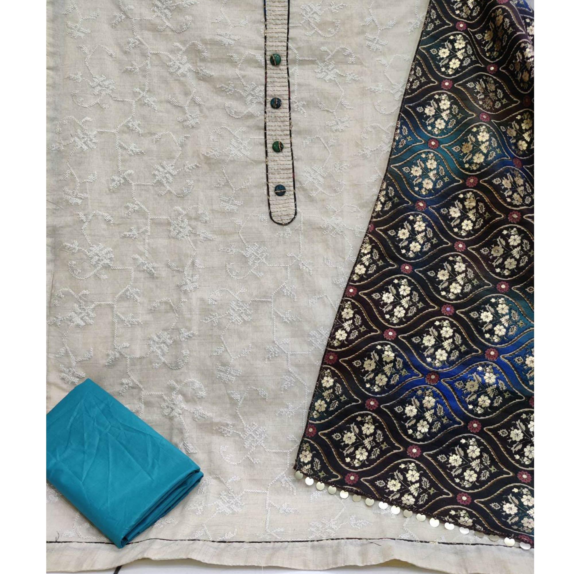 Exceptional Offwhite - Rama Colored Casual Wear Embroidered Cotton Dress Material - Peachmode
