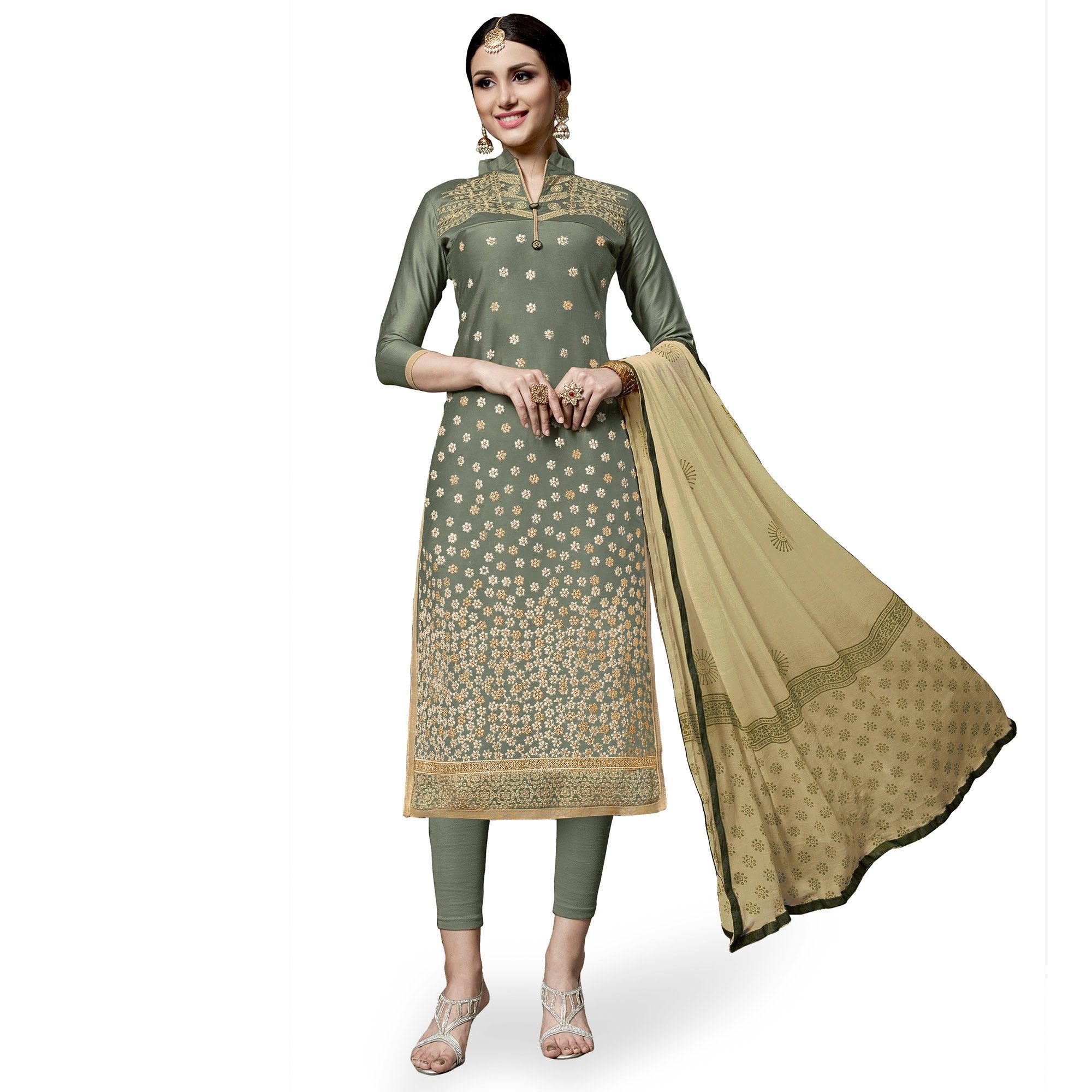 Exceptional Olive Green Colored Partywear Embroidered Cotton Dress Material - Peachmode
