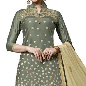 Exceptional Olive Green Colored Partywear Embroidered Cotton Dress Material - Peachmode