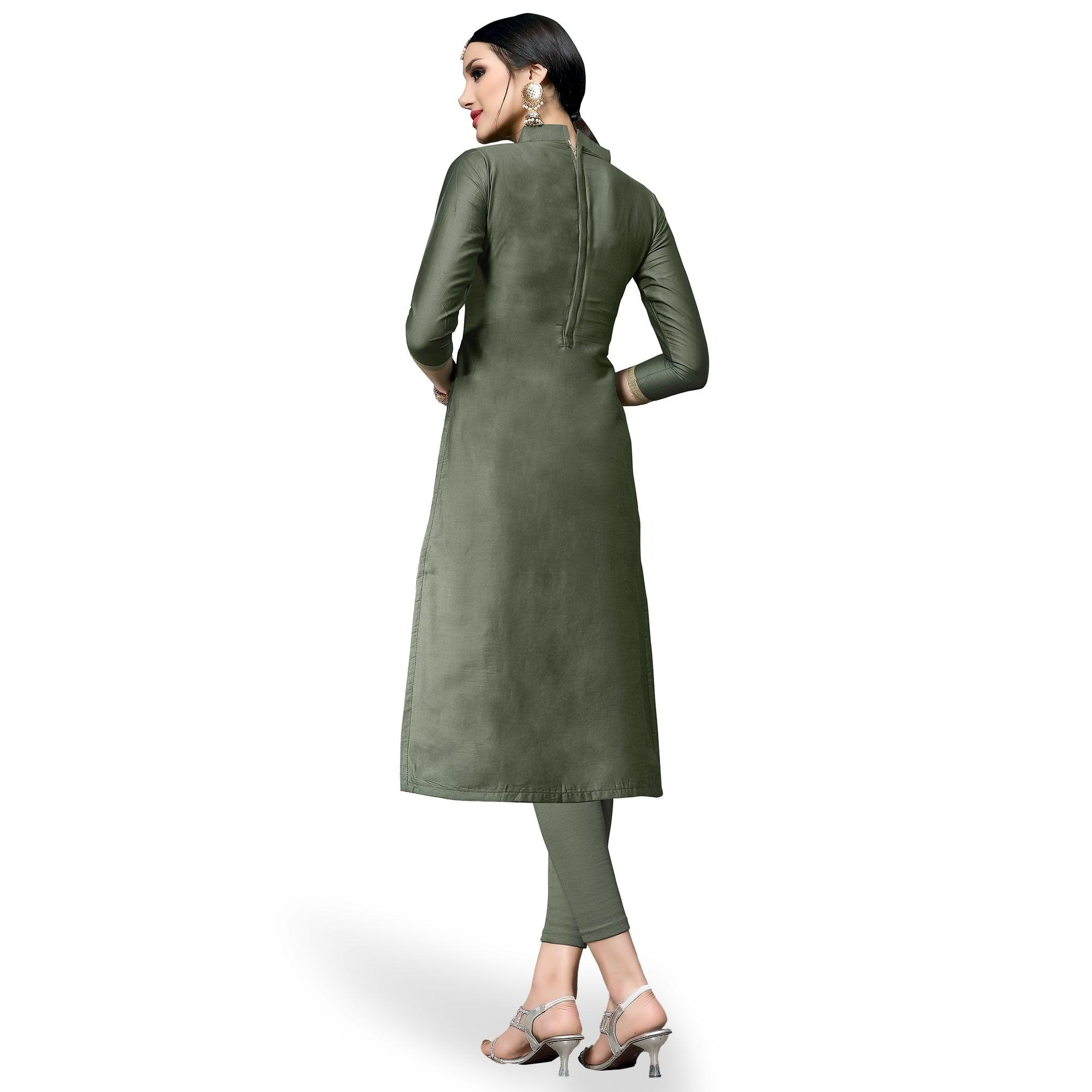 Exceptional Olive Green Colored Partywear Embroidered Cotton Dress Material - Peachmode