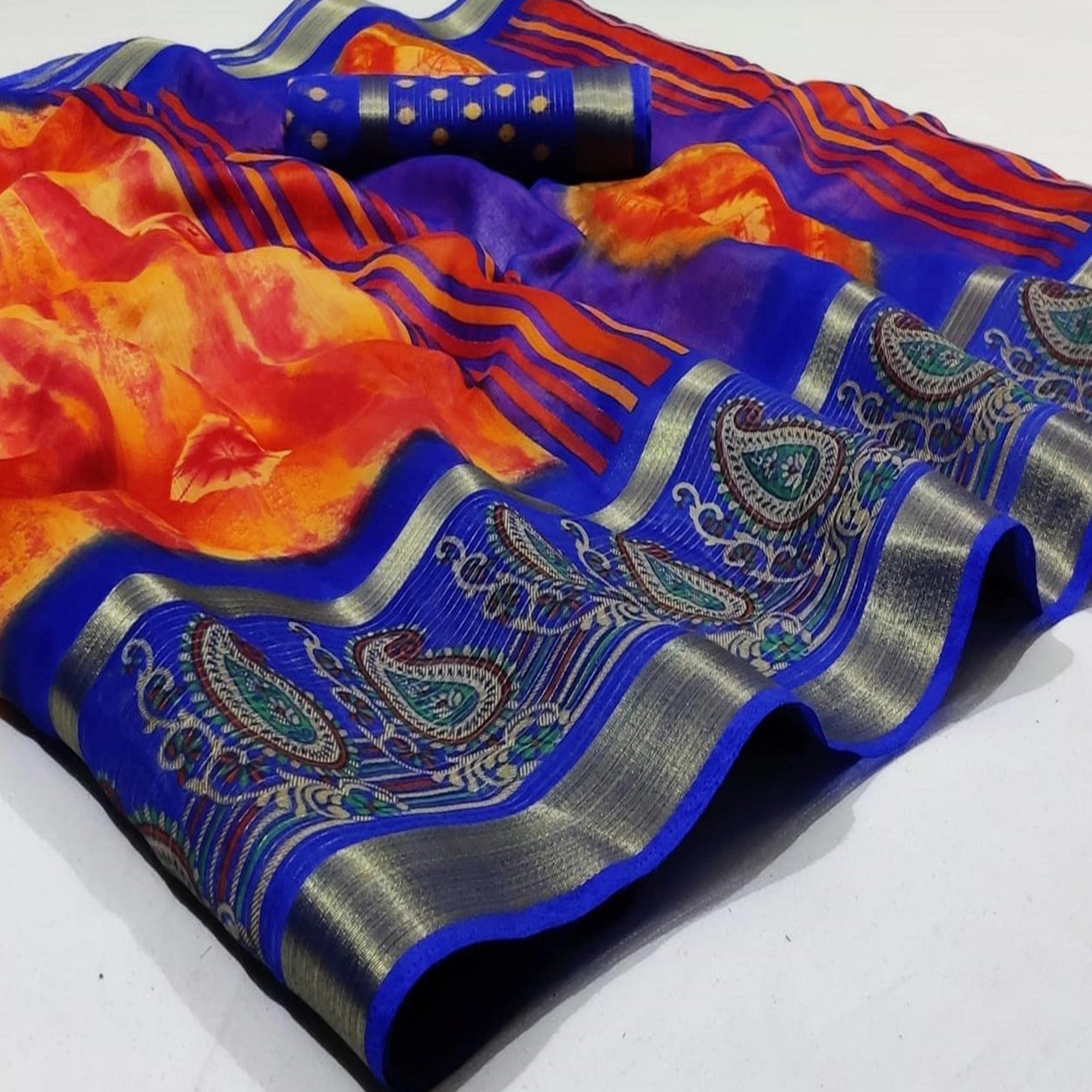 Exceptional Orange Colored Casual Wear Printed Cotton Saree - Peachmode