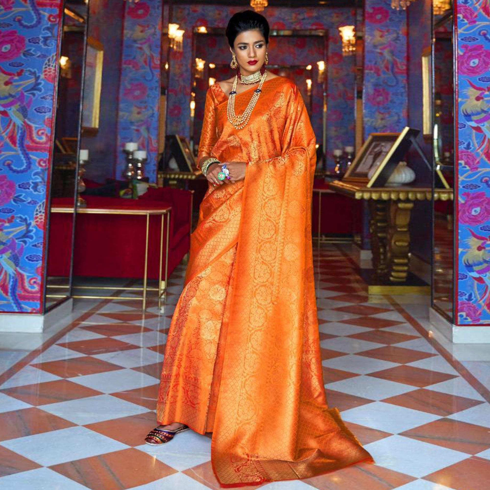 Exceptional Orange Colored Festive Wear Woven Art Silk Saree - Peachmode