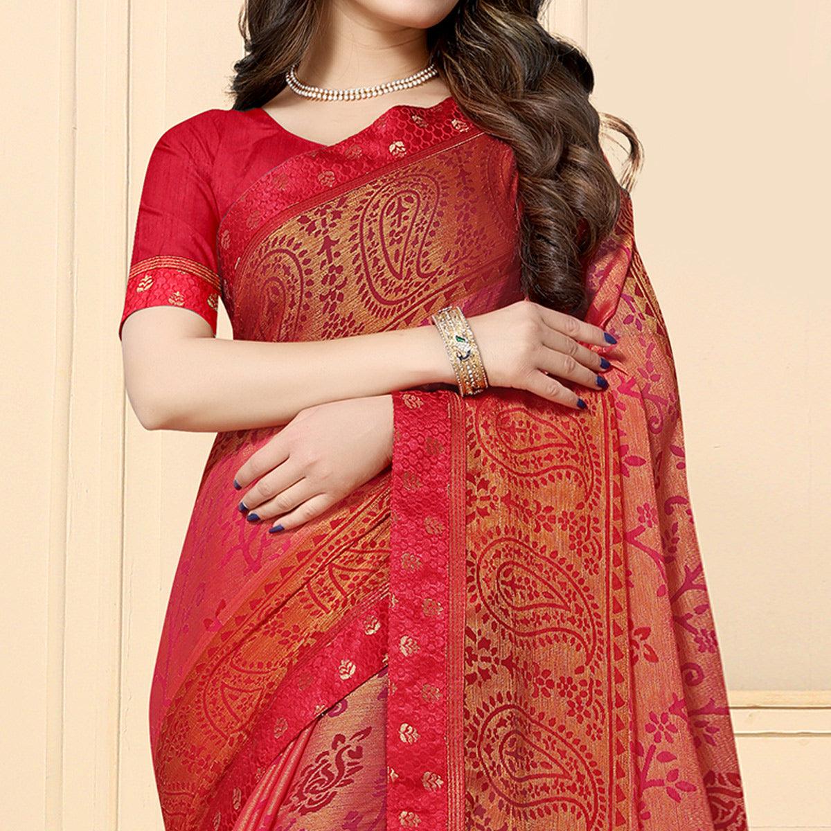 Exceptional Peach Colored Festive Wear Printed Chiffon Brasso Saree - Peachmode