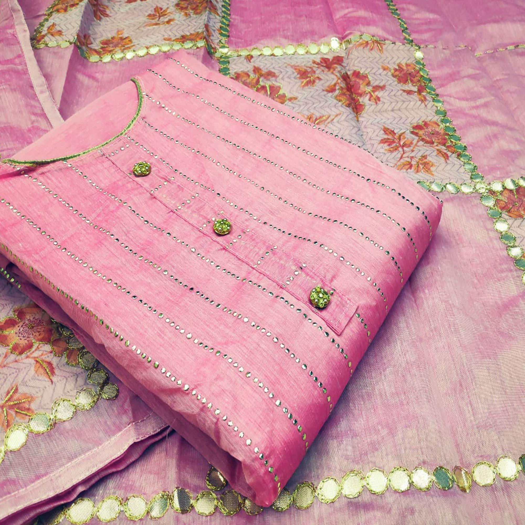 Exceptional Pink Colored Casual Wear Embroidered Modal Silk Dress Material - Peachmode