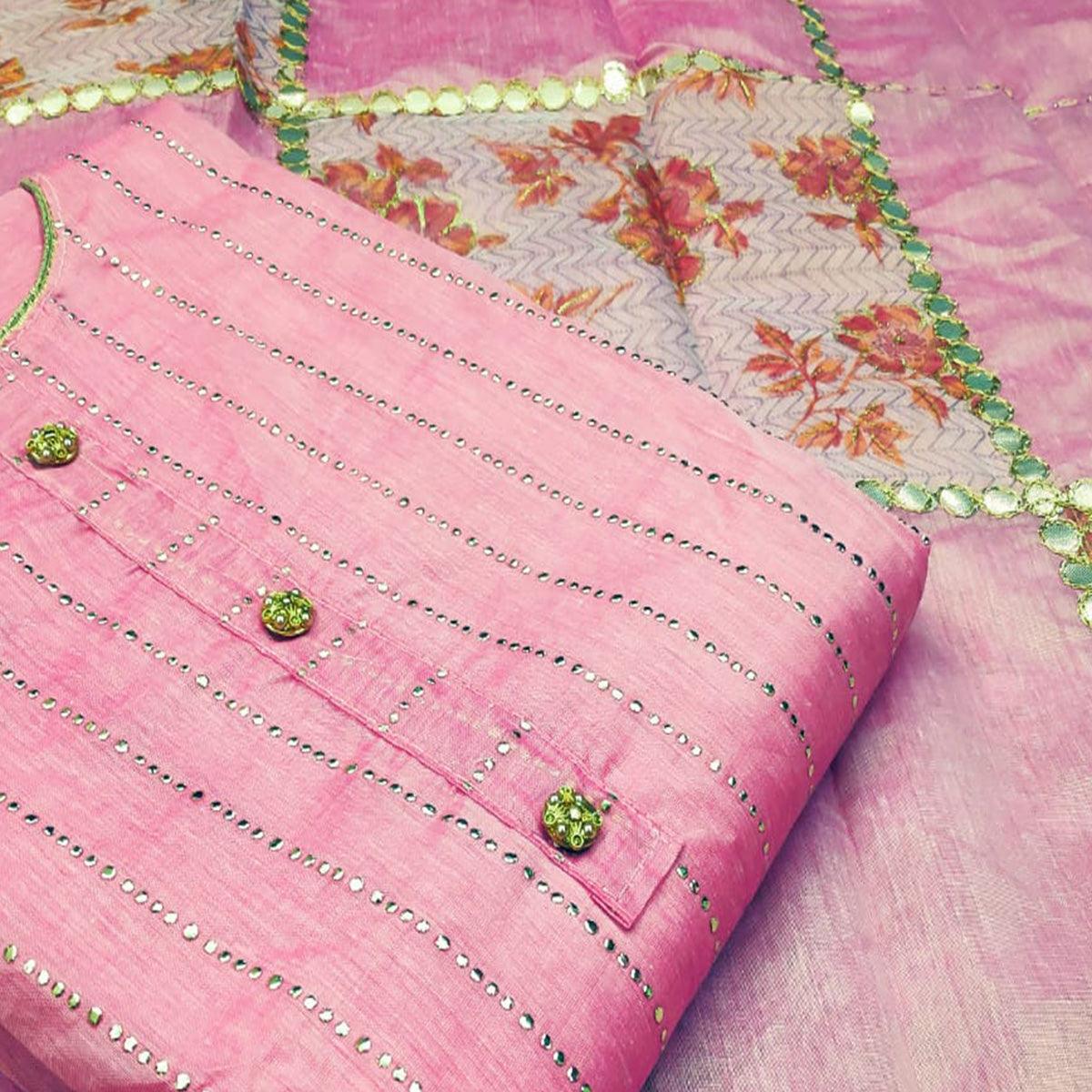 Exceptional Pink Colored Casual Wear Embroidered Modal Silk Dress Material - Peachmode