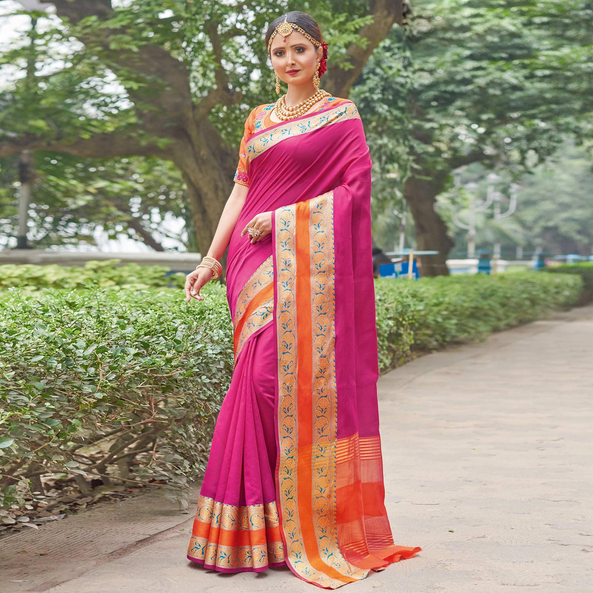 Exceptional Pink Colored Festive Wear Woven Handloom Silk Saree - Peachmode